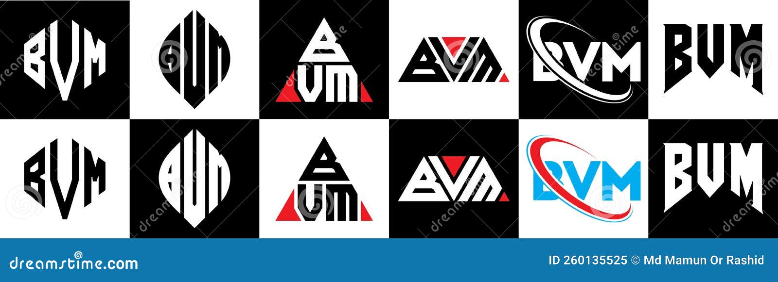 bvm letter logo  in six style. bvm polygon, circle, triangle, hexagon, flat and simple style with black and white color