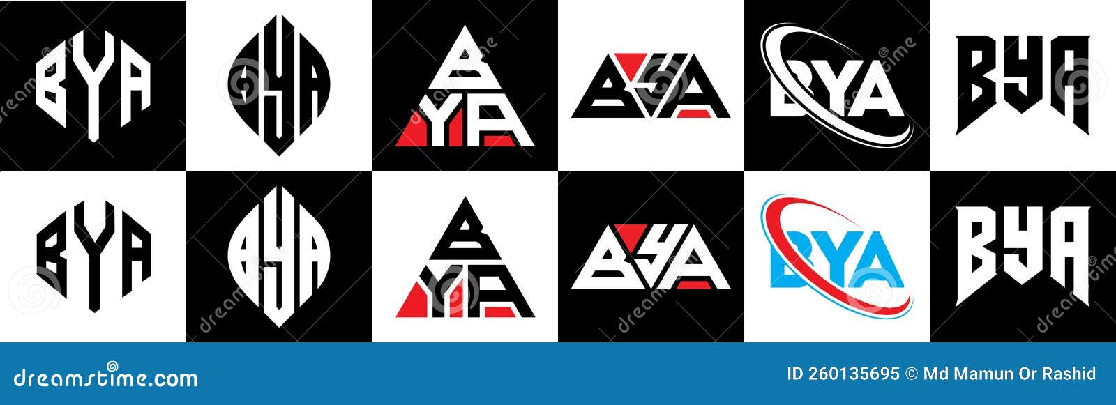 bya letter logo  in six style. bya polygon, circle, triangle, hexagon, flat and simple style with black and white color