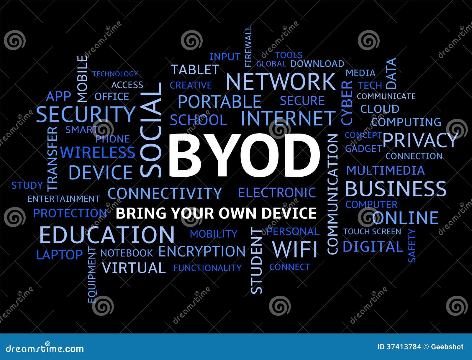 byod bring your own device word cloud on black uppercase