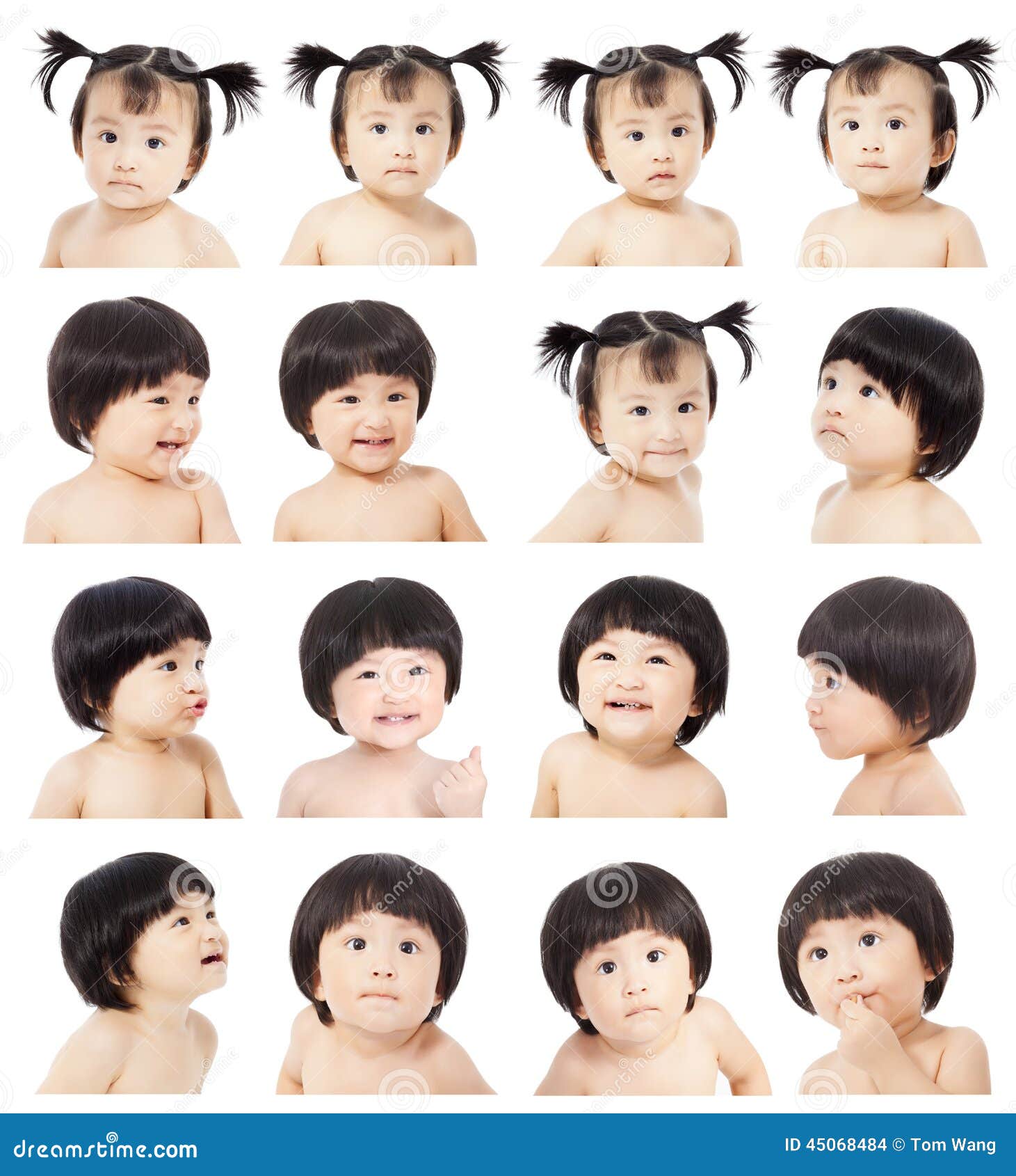 Bébé mignon asiatique faisant différentes expressions du visage au-dessus du fond blanc
