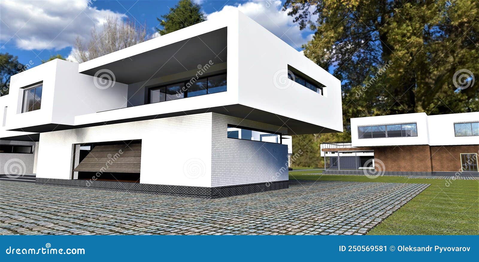 Renderização em 3d de uma casa moderna com fachada escura. casa com janelas  panorâmicas e terraço. tijolo