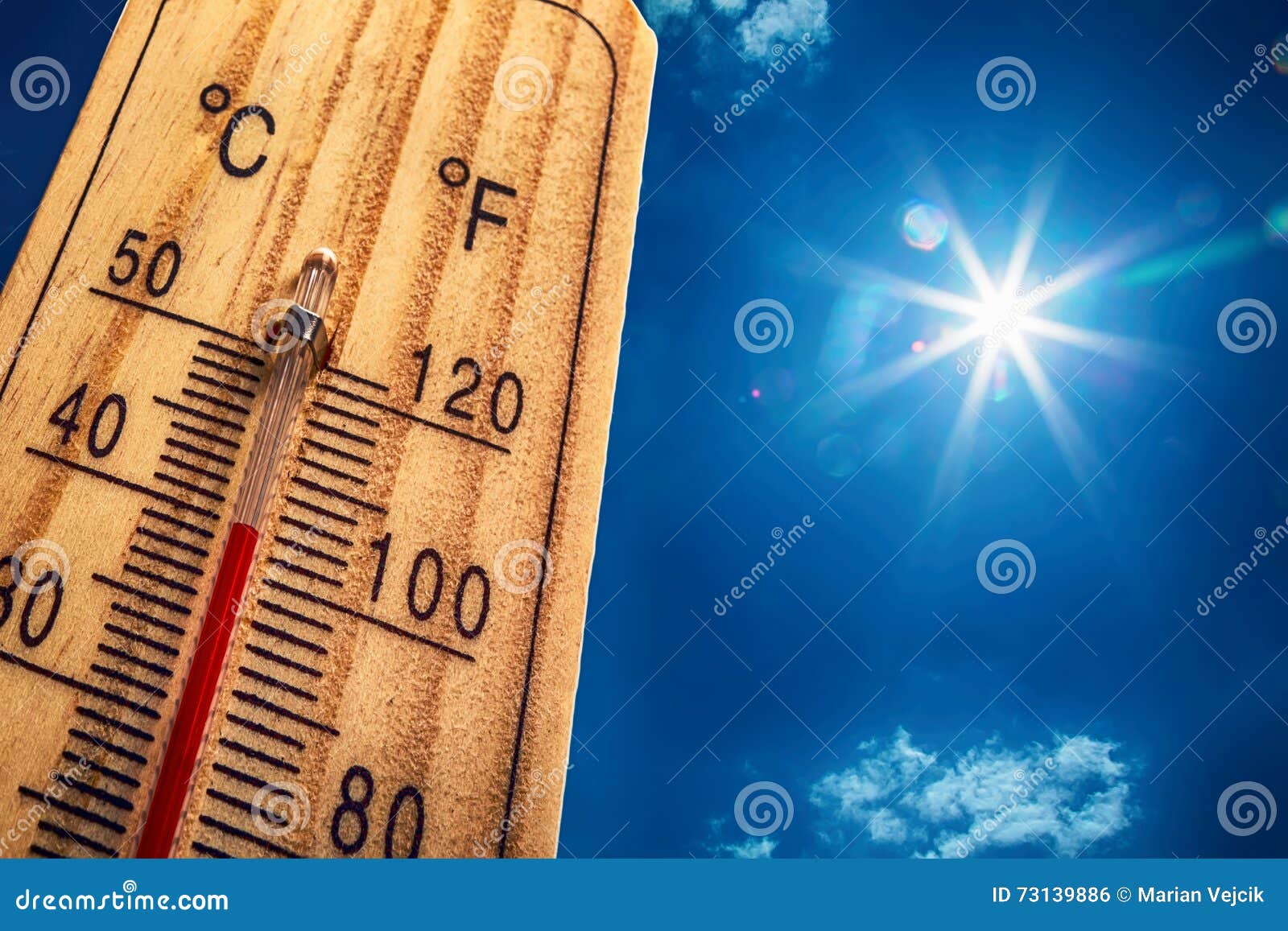 Dia Quente De Verão. Termômetro De Celsius E Fahrenheit Na Areia