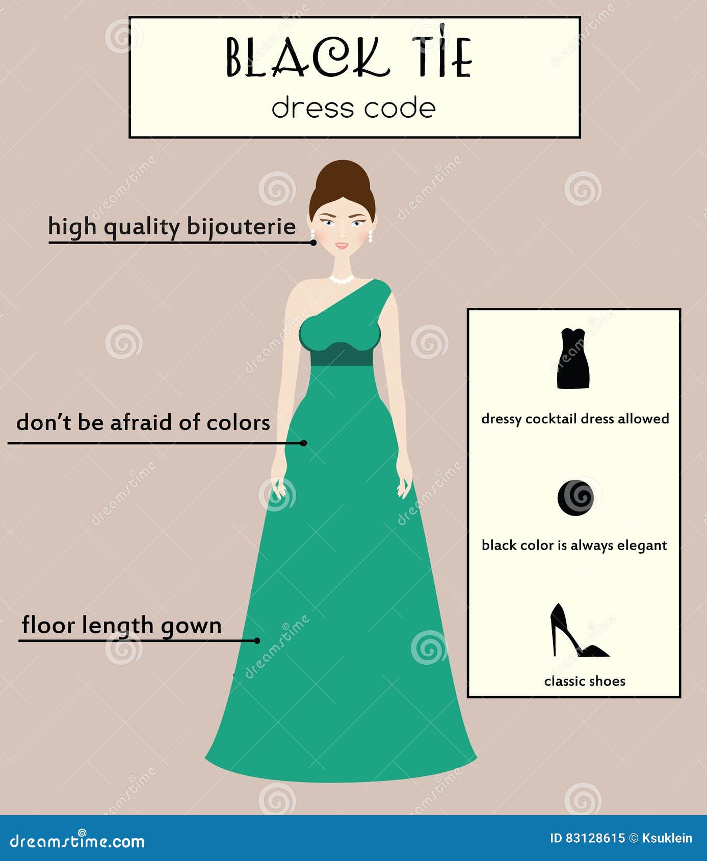 Código De Vestimenta De La Mujer Infographic Lazo Negro Hembra En Igualación Del Vestido Largo Ilustración del Vector - Ilustración de alineada, tarde: 83128615