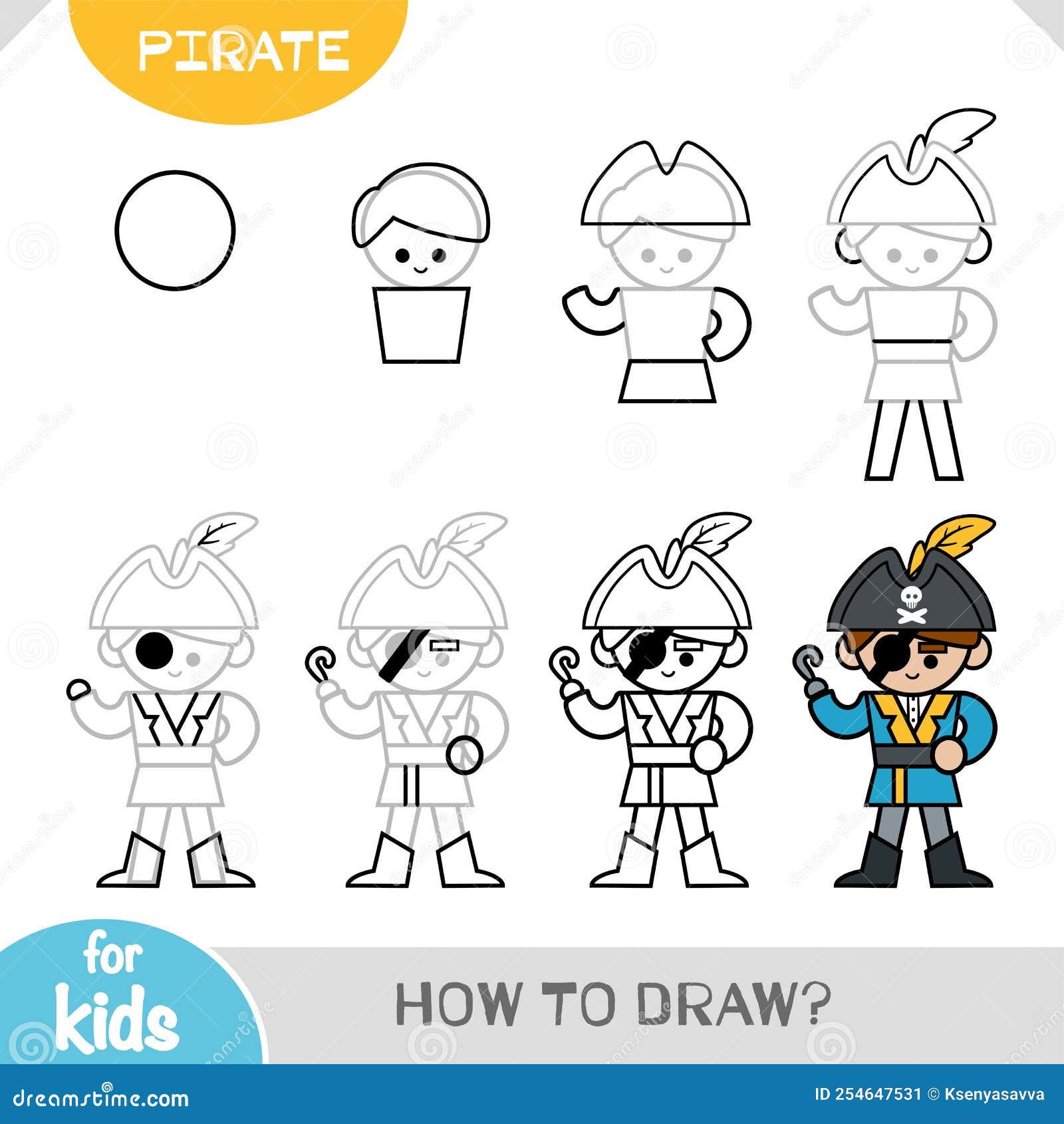 Cómo Dibujar Piratas Para Niños. Tutorial De Dibujo Paso a Paso Ilustración  del Vector - Ilustración de negro, pirata: 254647531