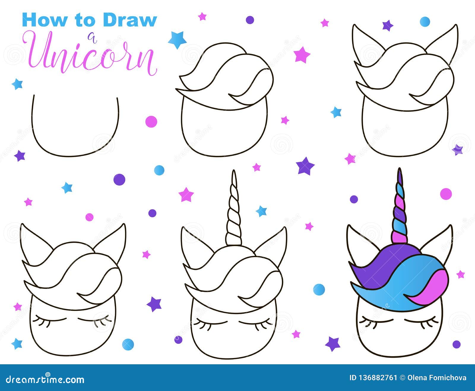 Cómo Dibujar Unicornio Lindo Pasos Fáciles Para La Actividad De Los Niños  Criatura De Kawaii Con Los Ojos Y Borrachines Ilustración del Vector -  Ilustración de paso, divertido: 136882761