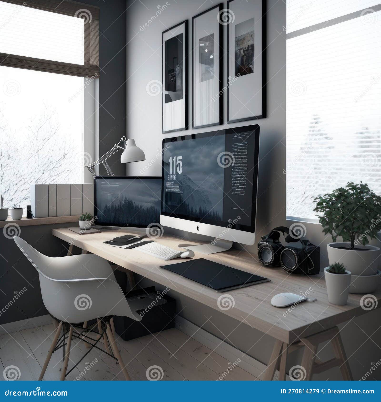 Una oficina en casa con una ventana grande y un escritorio con una  computadora.
