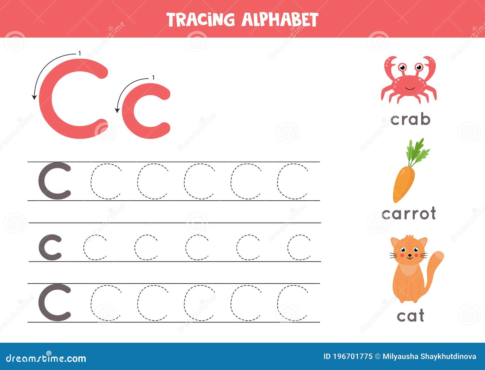 C is for Cat, Crab, Carrot. Tracing English Alphabet Worksheet