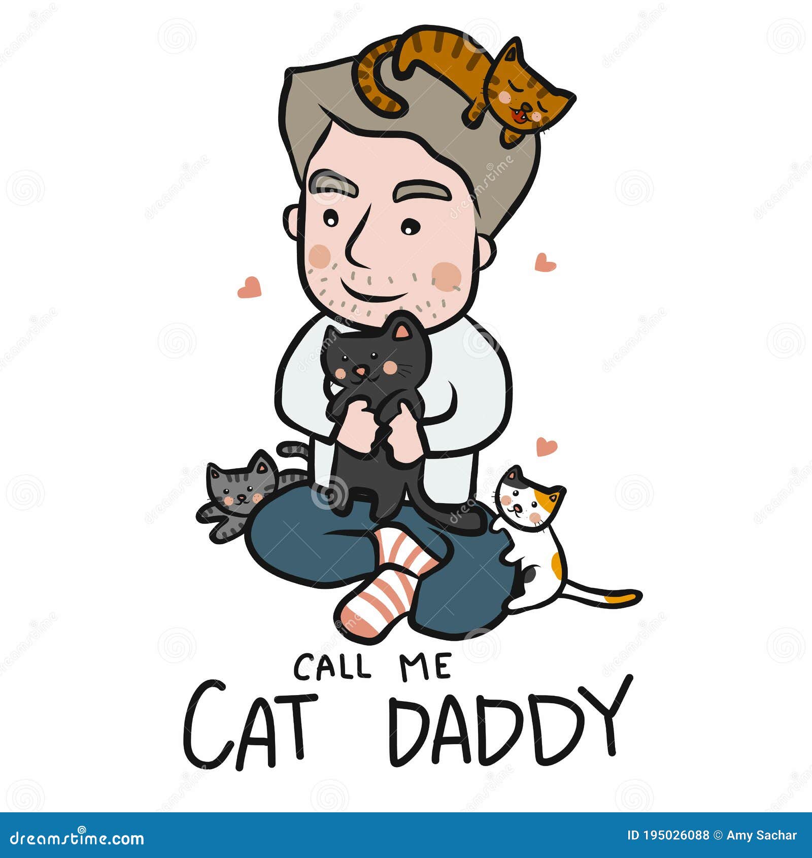 Call Me Cat Daddy , Man with Many Cat Cartoon Illustration Stock Vector