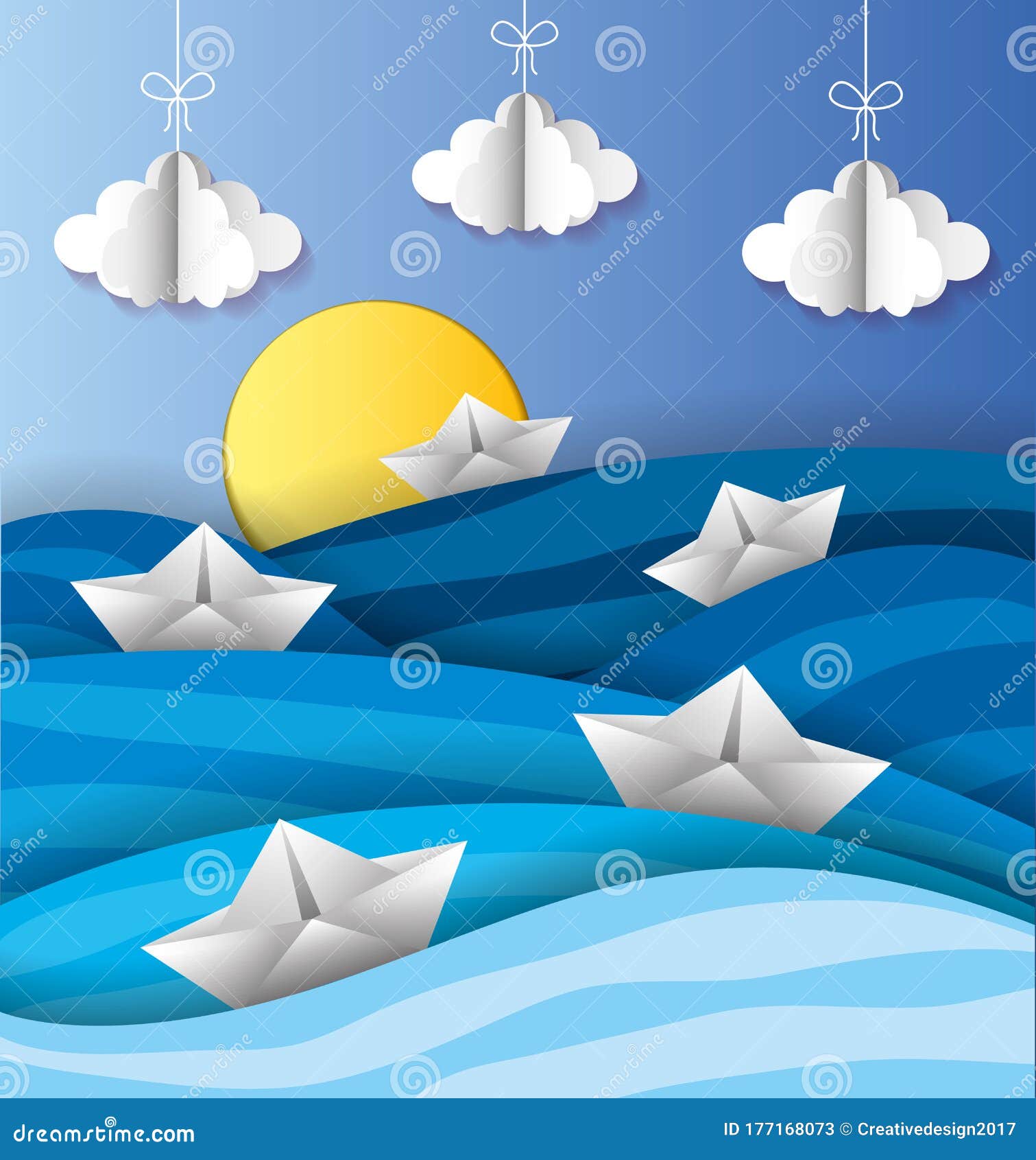 Paper Boats between Wave Sea. Vector Stock Vector Illustration of