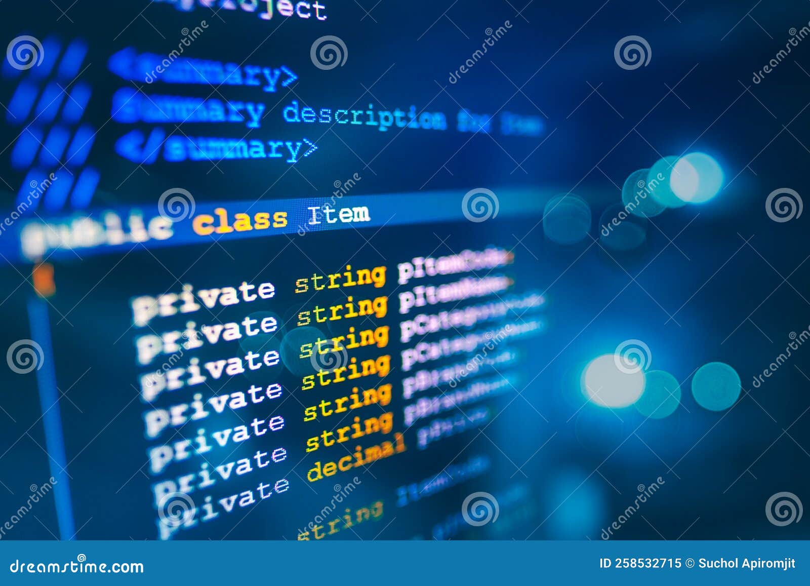 C sharp programming language source code example on monitor stock