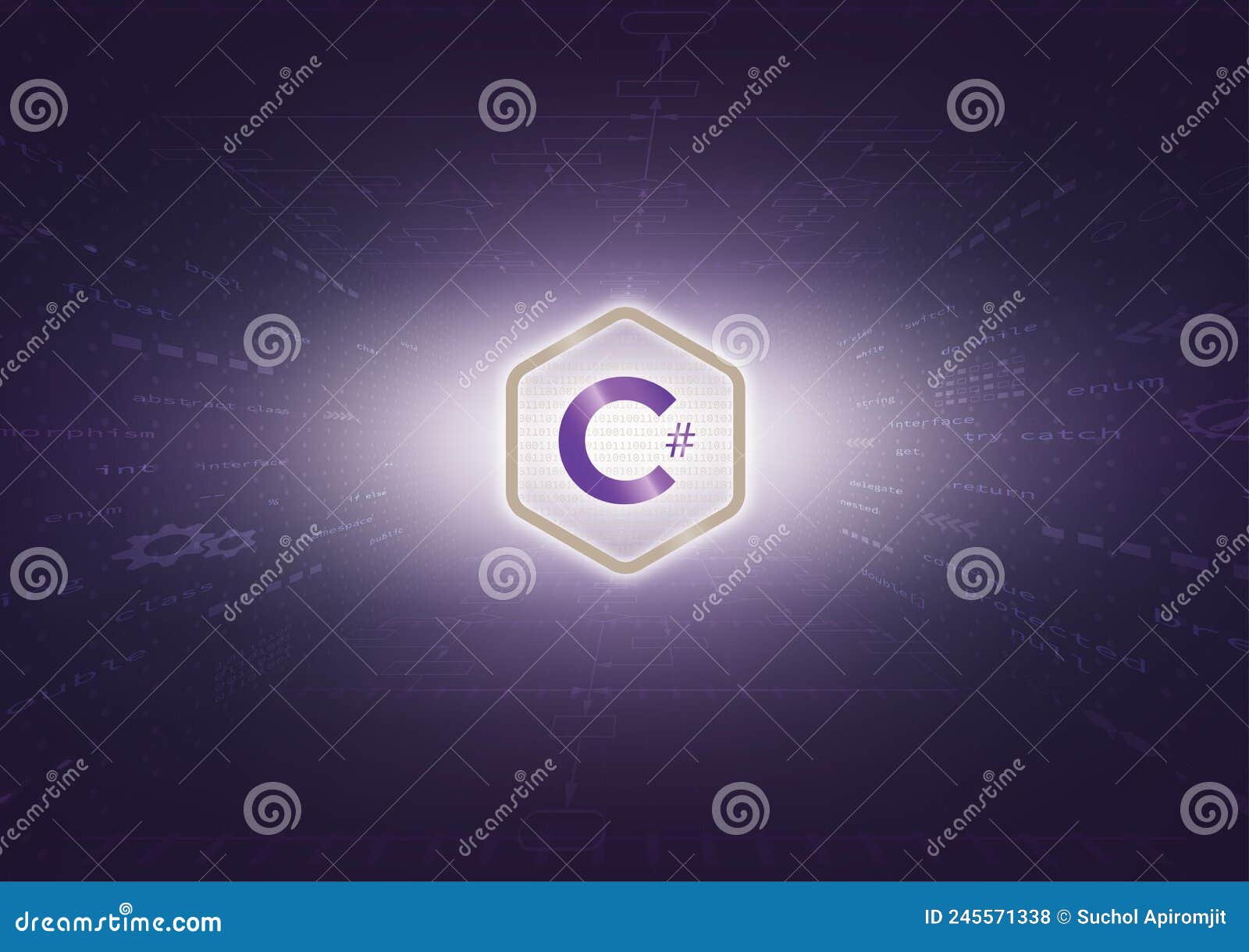 C Sharp Sign and Program Code on Purple Background. Stock Vector