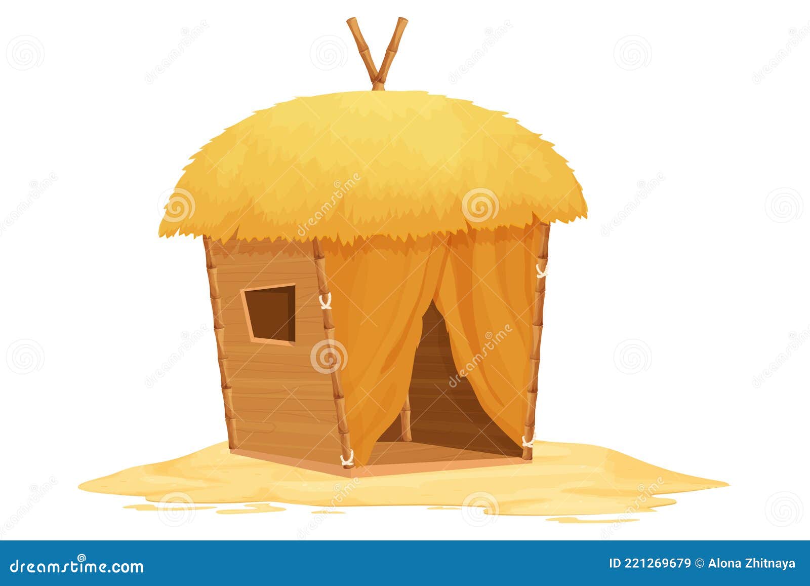 Cabaña Tiki De Bungalow Playa Con Bambú De Techo De Paja Y Detalles De  Madera Sobre Arena En Forma De Dibujos Animados Aislados En Ilustración del  Vector - Ilustración de cabina, plano: