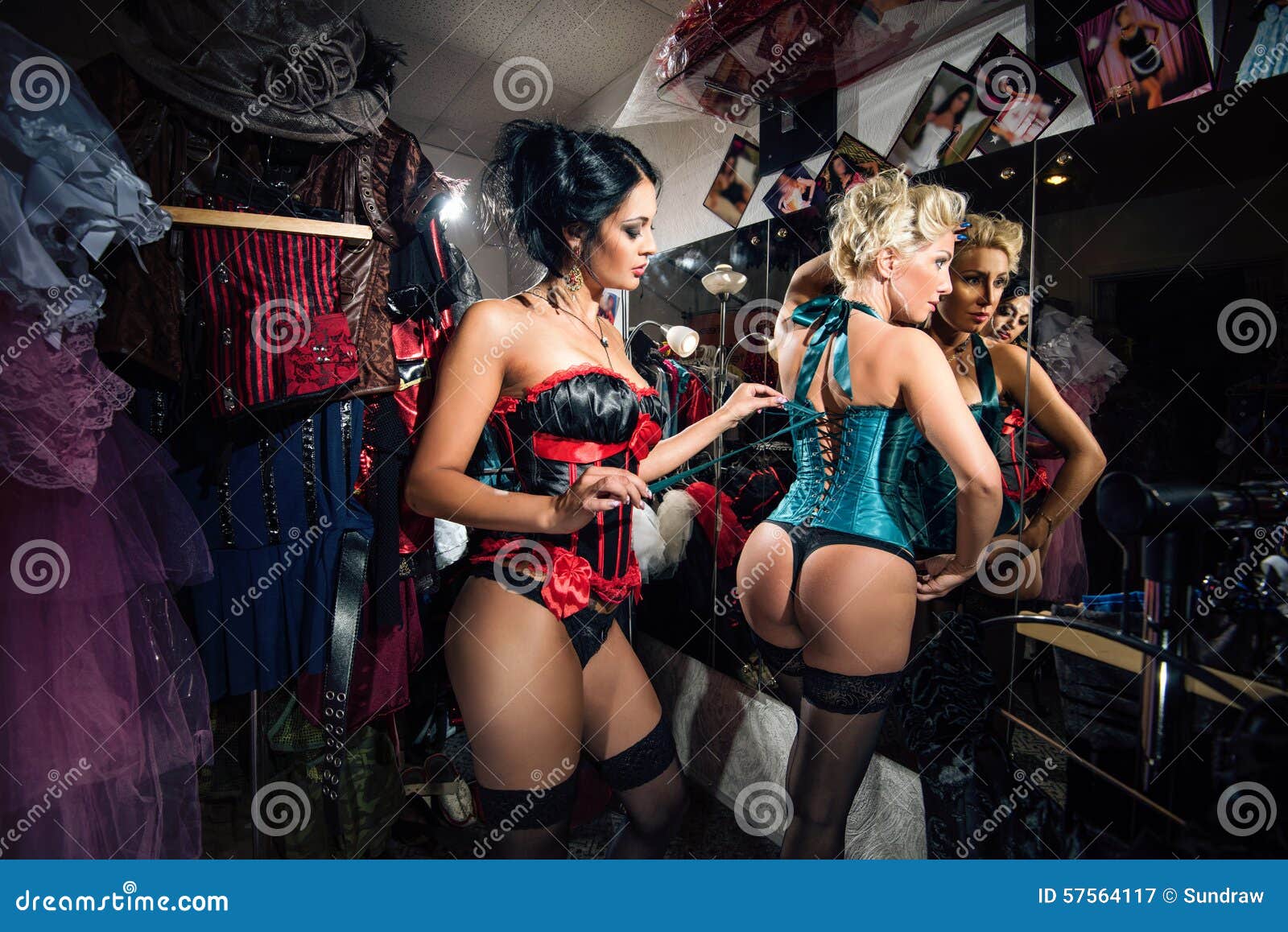 cabaret female dancers at mirror in dressing room