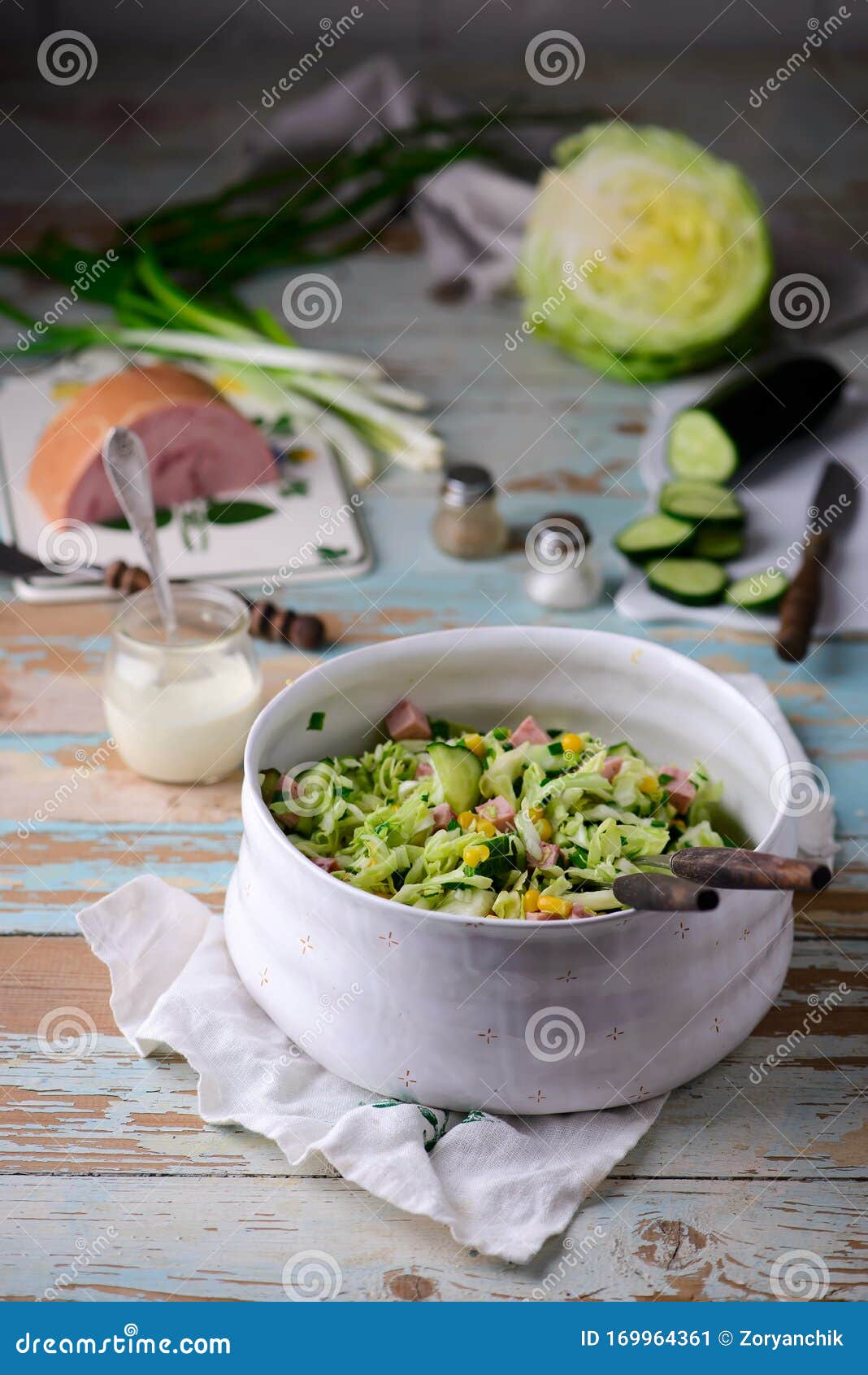 Cabbage Ham Salad In Ceramic Bowl Selective Focus Stock Image Image Of Diet Green 169964361