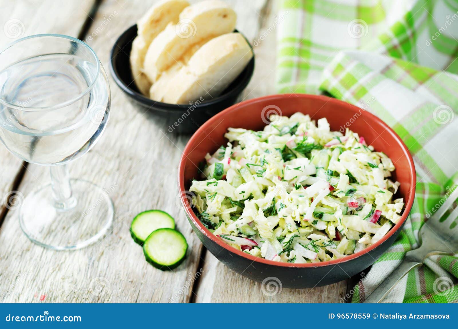 Cabbage Radish Cucumber Dill Salad with Greek Yogurt Dressing Stock