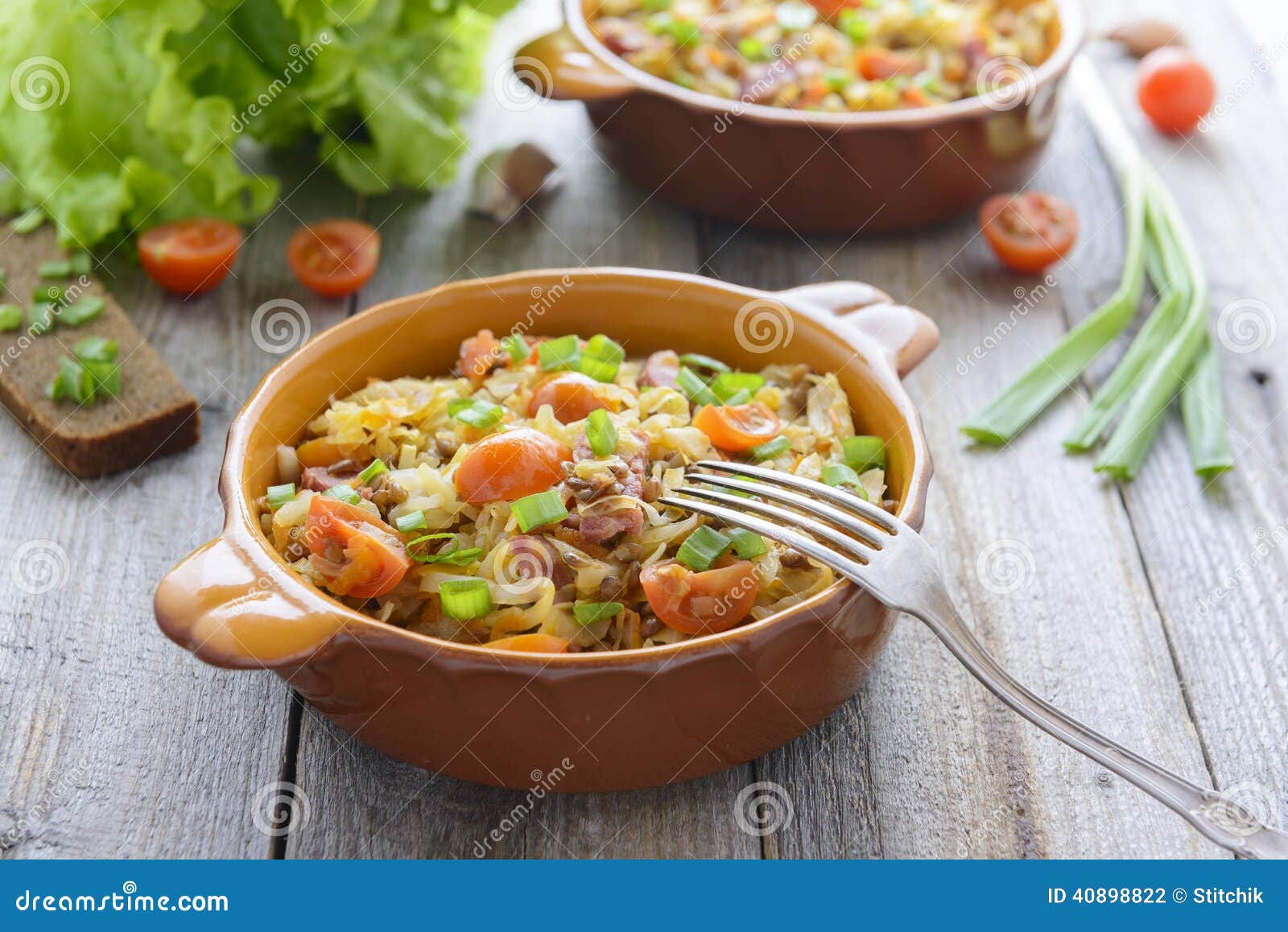 Cabbage Stewed with Lentil and Sausages Stock Photo Image of food