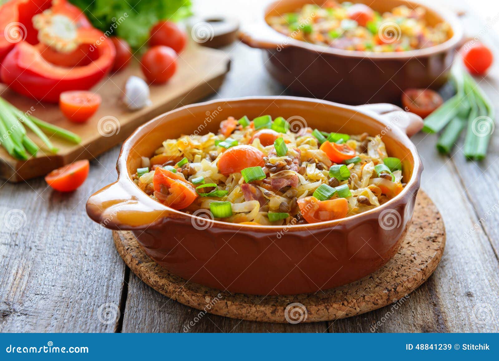 Cabbage Stewed with Lentil and Tomatoes Stock Image Image of garlic