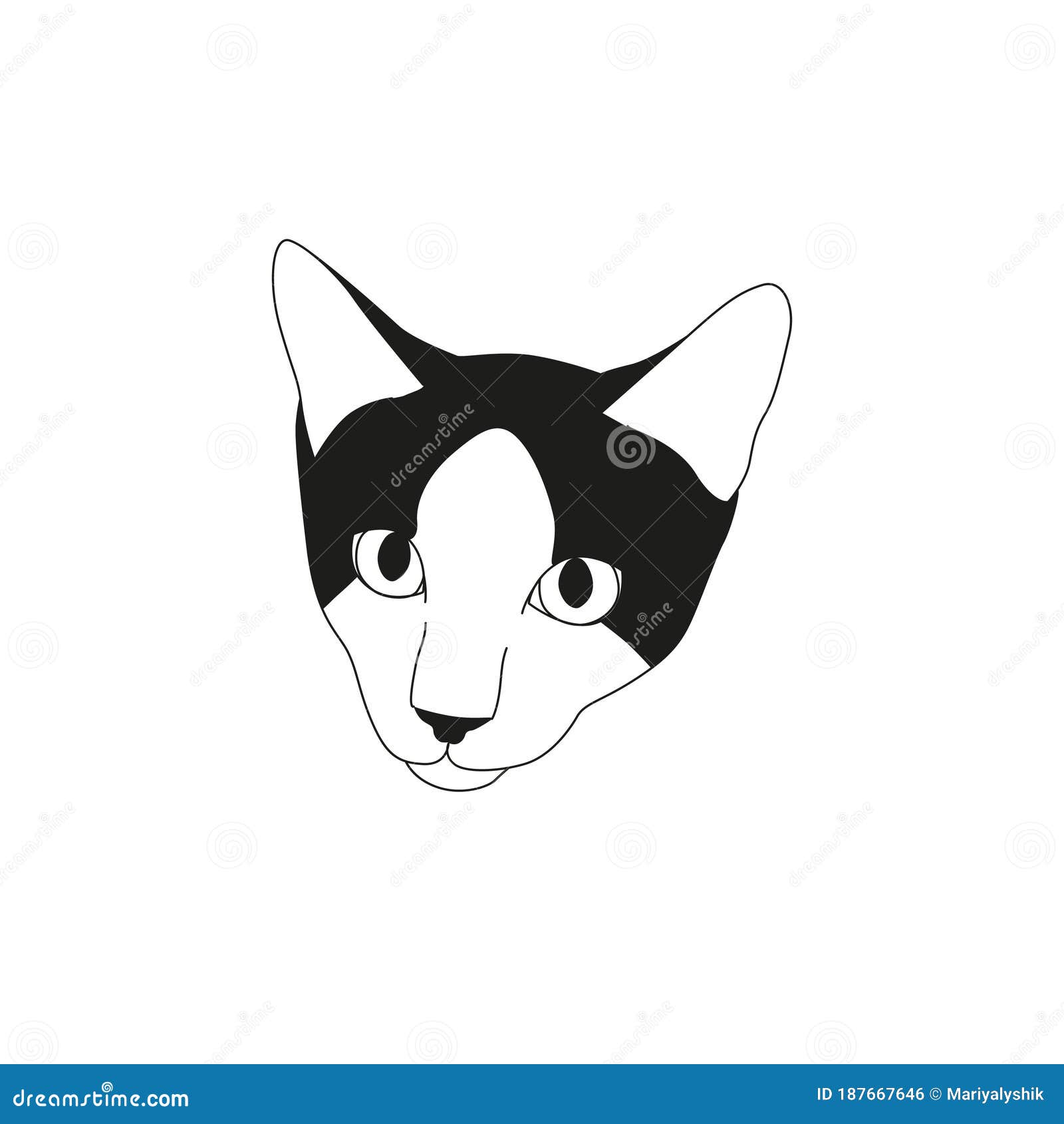 Cabeça de gato bonito realista desenho a preto e branco à mão