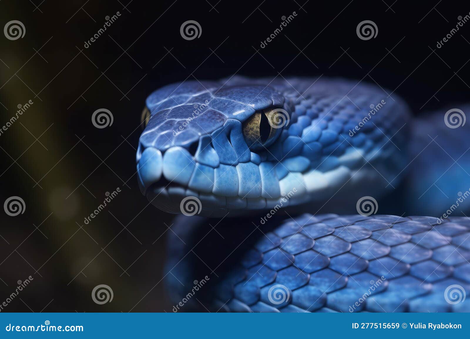 Uma cobra azul com gotas de água na cabeça