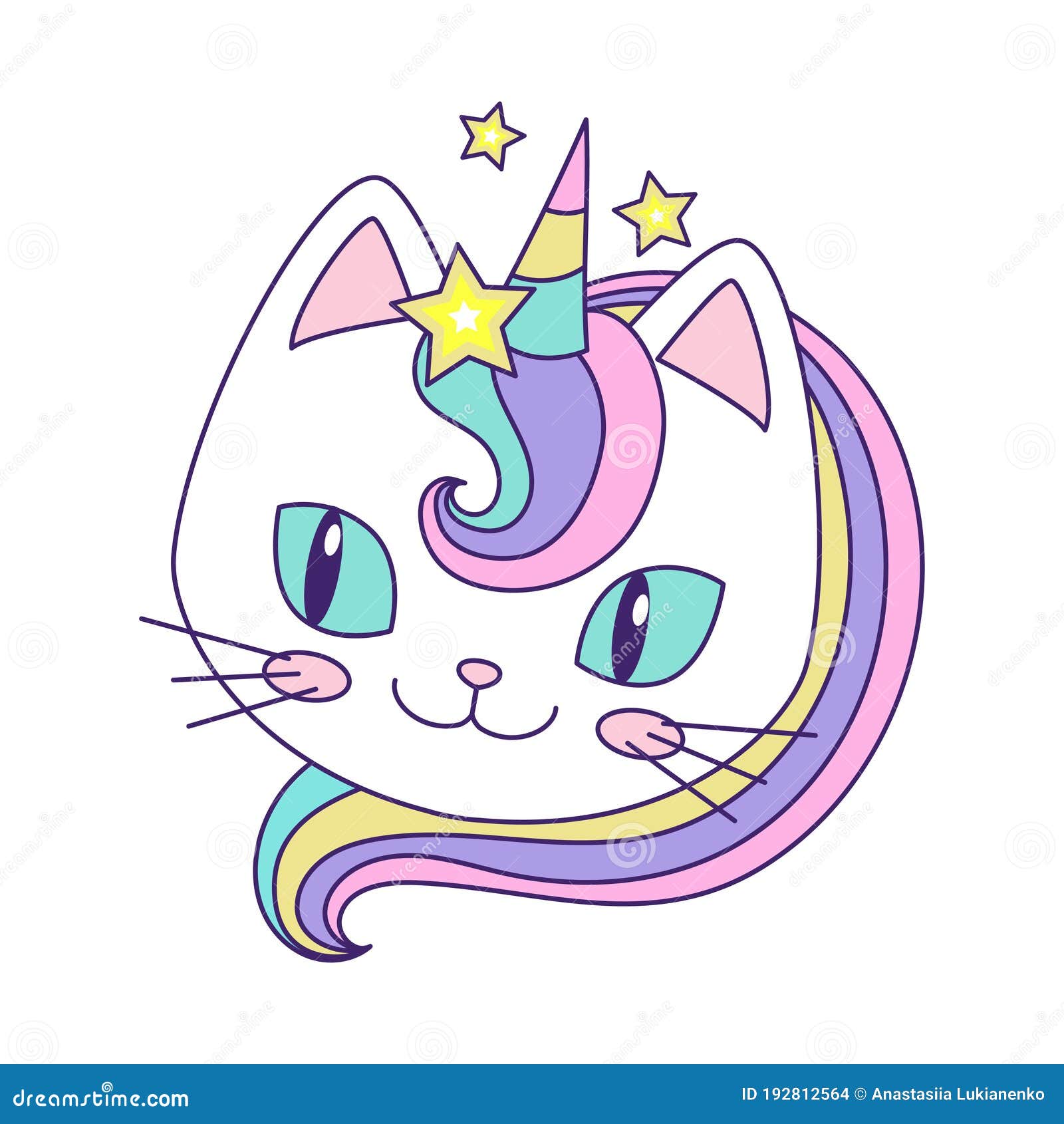 Desenho de unicórnio de gato bonito e arco-íris para colorir desenhado à  mão