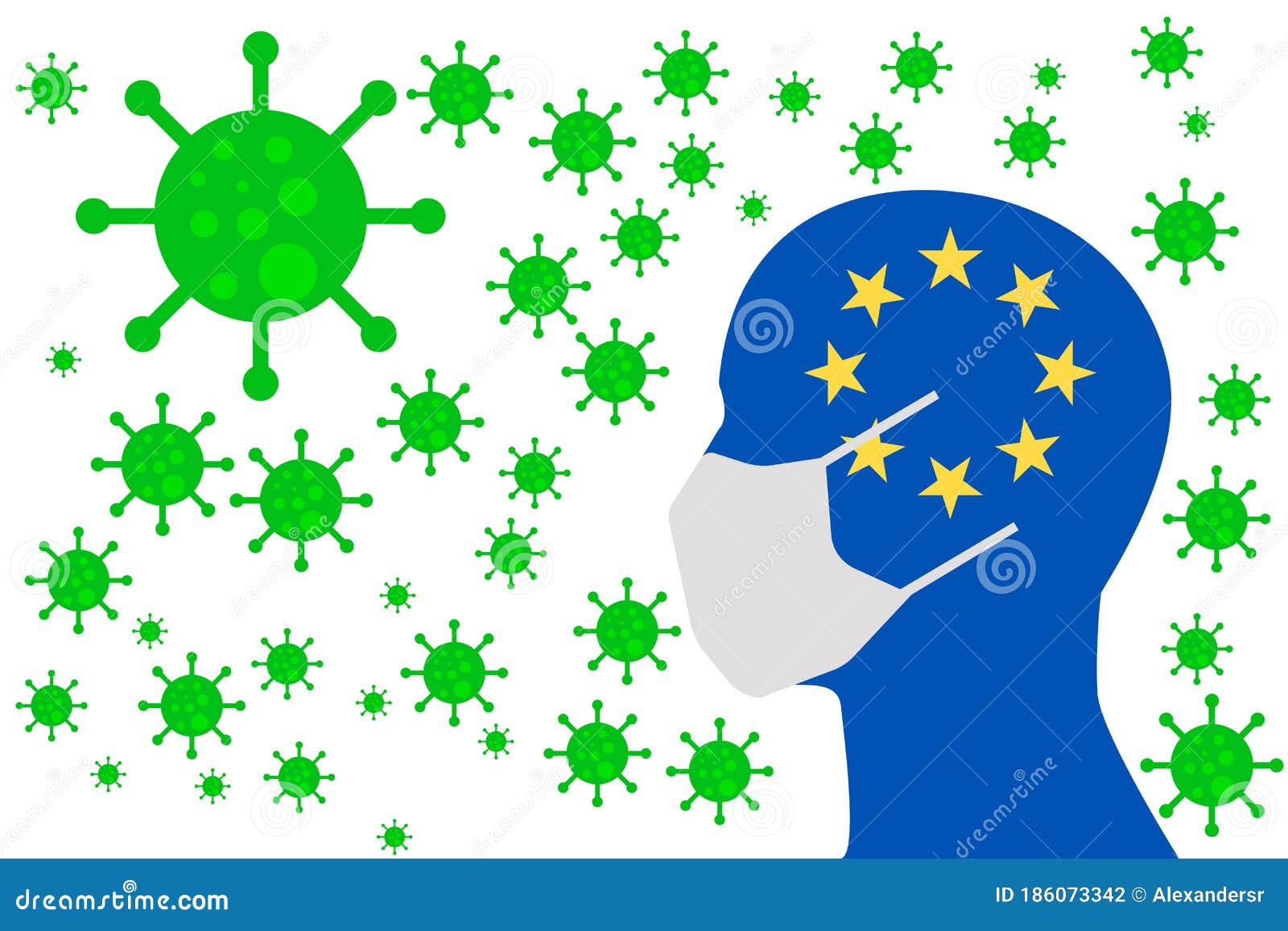 human using a mouth face masks or  mouth cover ro surrounded wiht virus with european union flag