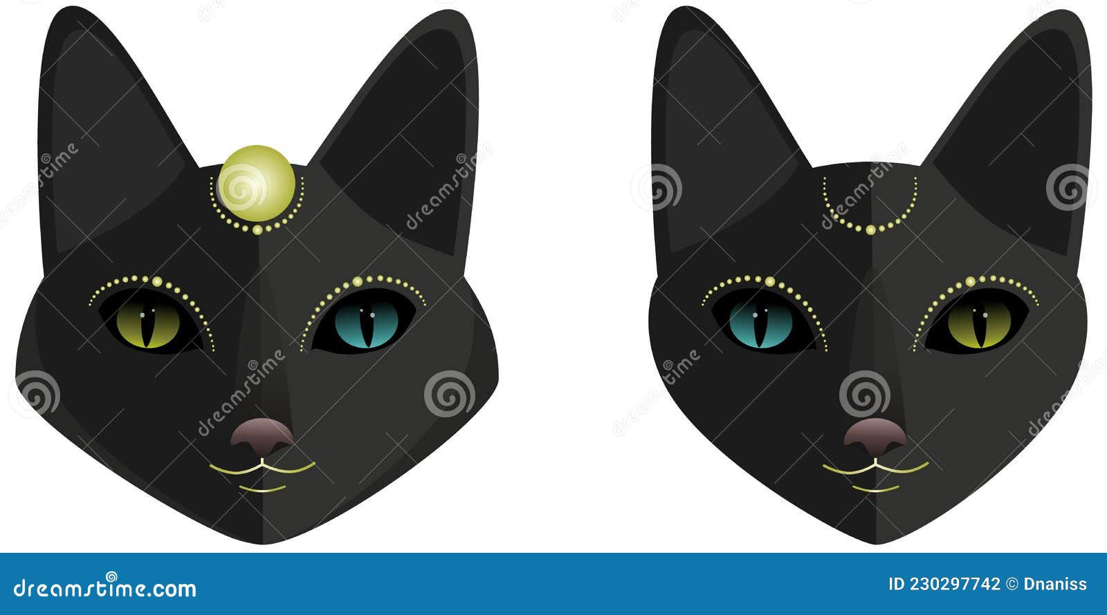 Cabeza De Gato Negro Magia Gatos Negros Con Ojos Realistas. Máscaras De Gatos Con Elementos Dorados. Logotipo De Halloween Ilustración del Vector - Ilustración de verde, garabato: 230297742