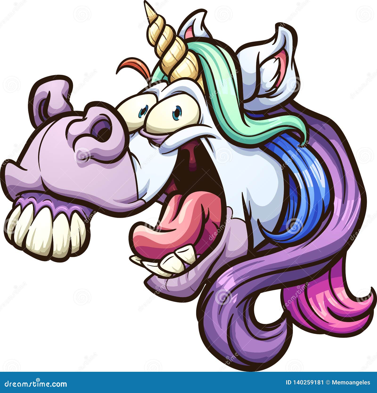 Cabeza loca del unicornio de la historieta que ríe y que relincha
