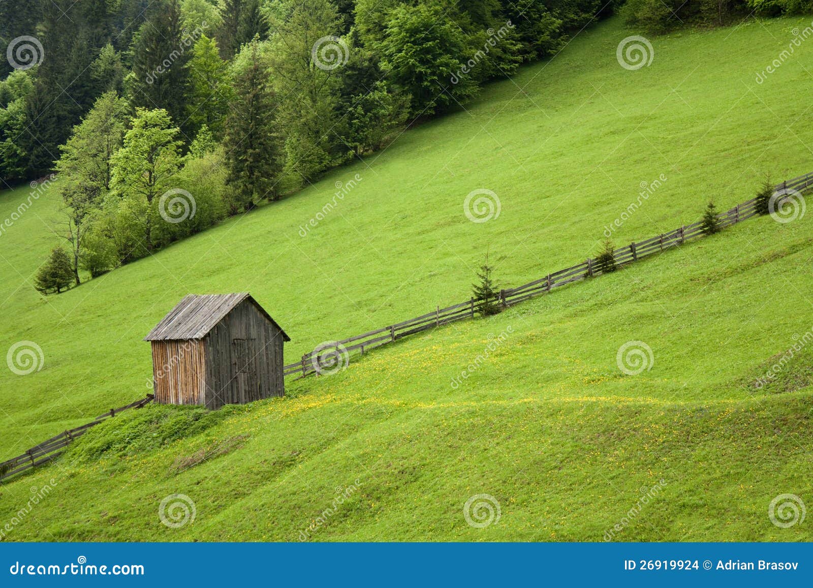 Cabin on a hill with grass stock photo. Image of slope 26919924