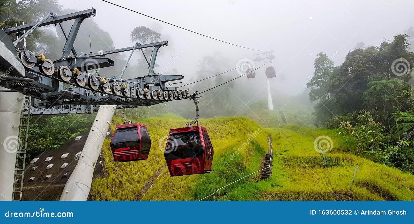 Cable Car At Genting Highlands, Malaysia In A Foggy Weather With Green Grass Visible From Inside ...