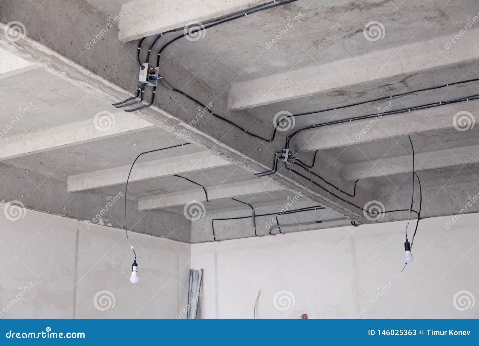 Cable Laying Ceiling. Electrical Wires on Wall. Wiring Replacement