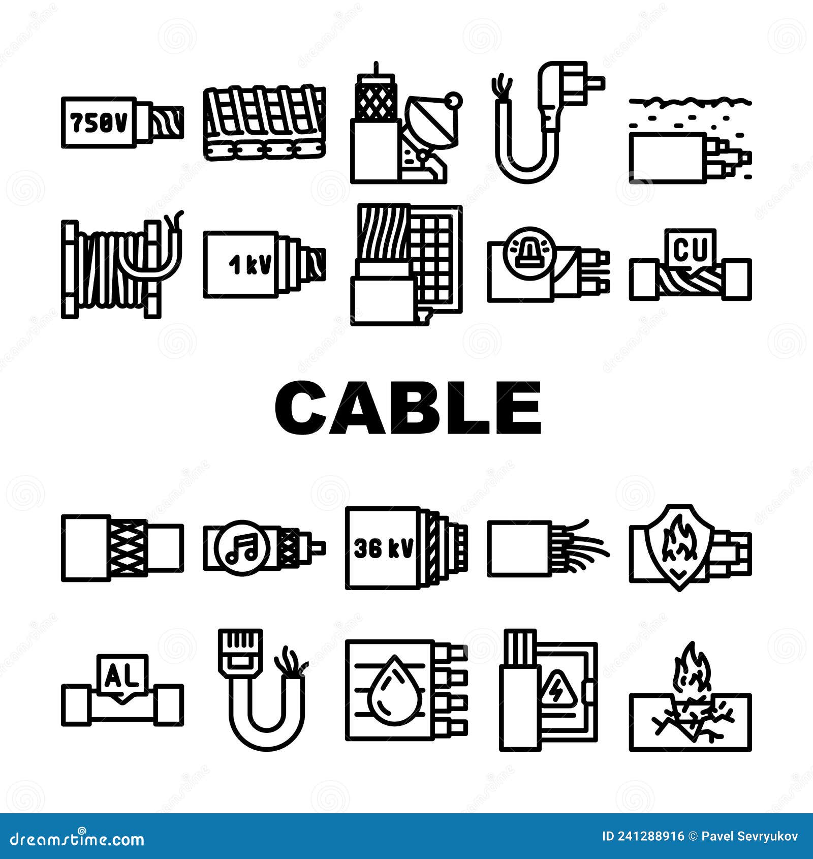 Cable Wire Electrical System Icons Set Vector Stock Vector