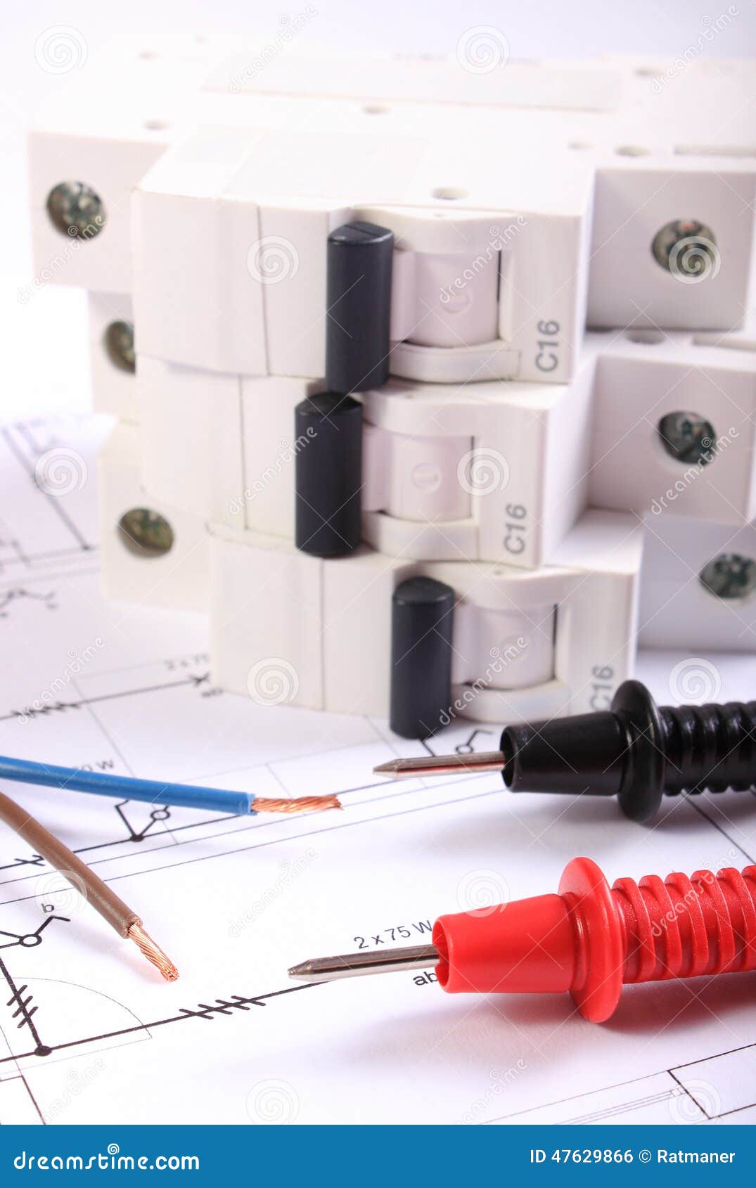 Cables of Multimeter, Electric Wire and Fuse on Drawing Stock Photo