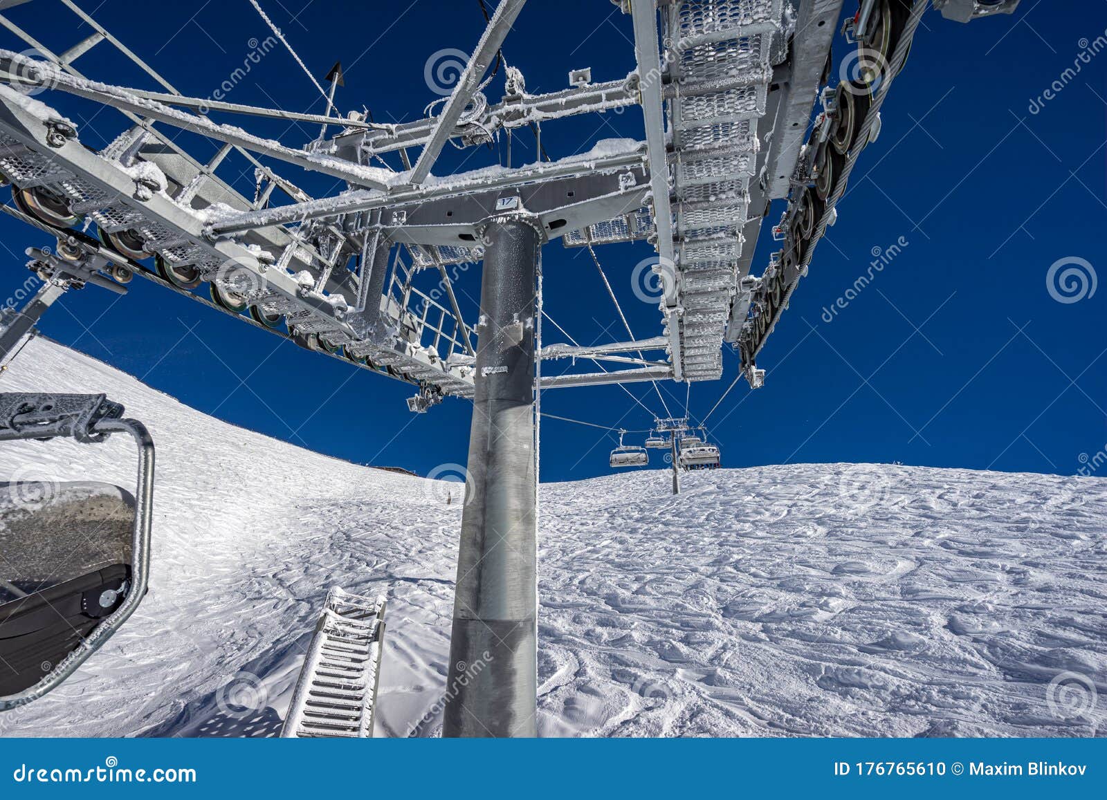 cableway in motion on the winter resort in mountain