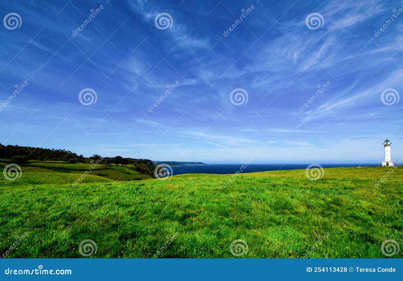 cabo de lastres lighthouse in luces-colunga, in asturias (spain),surrounded by green meadows