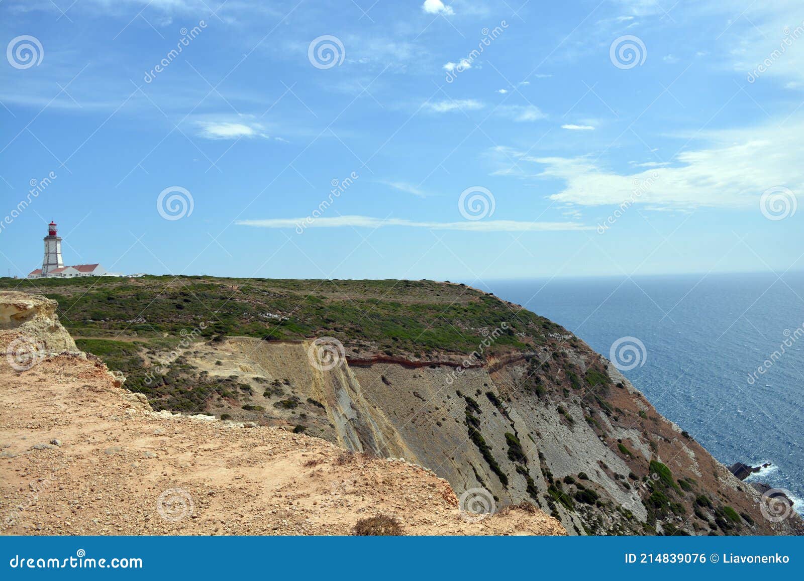 cabo espichel farol. especial cape lighthouse. portugal. landscape. shipping. help. sky. colorful background. blue red green white