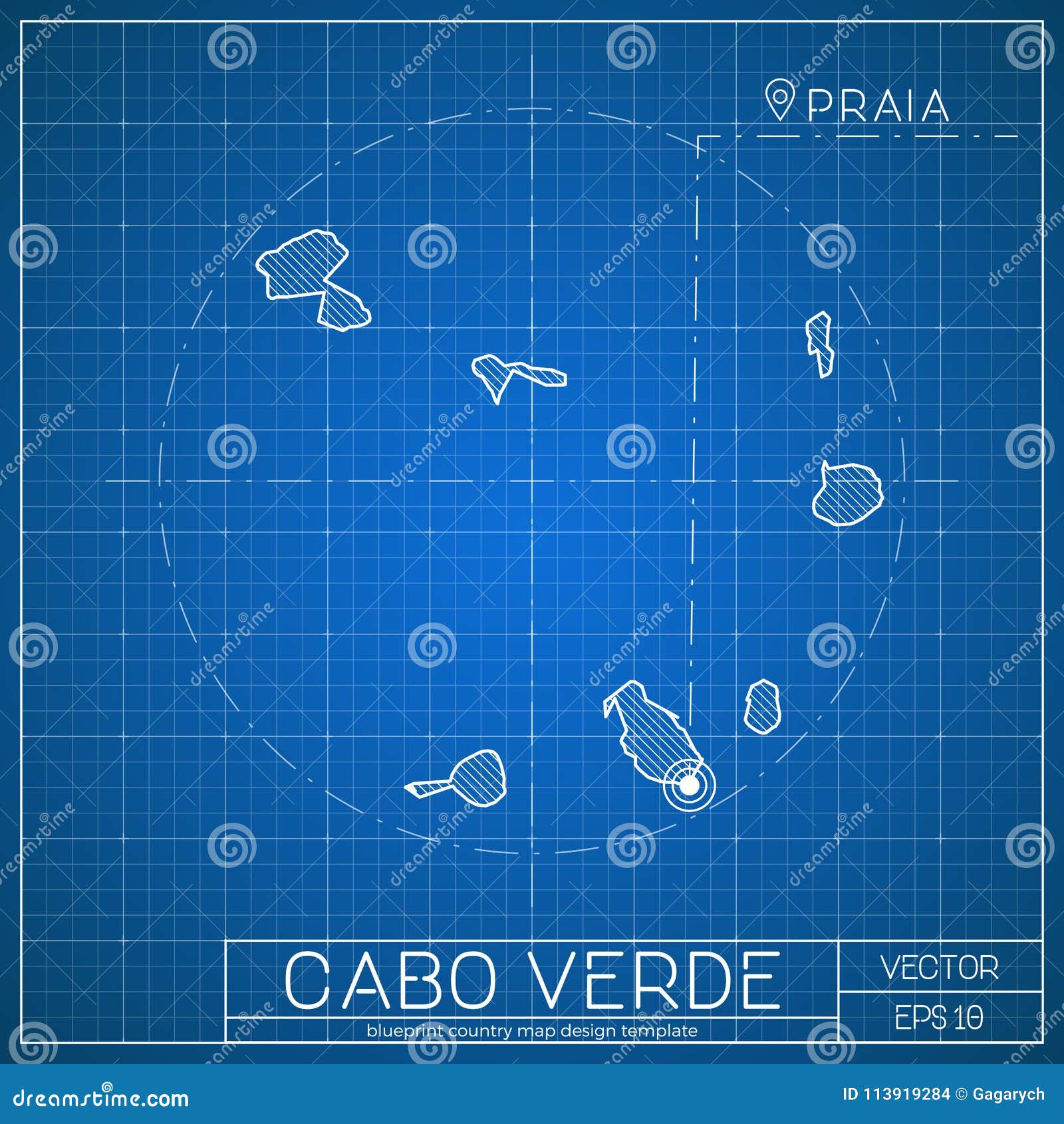 cabo verde blueprint map template with capital.