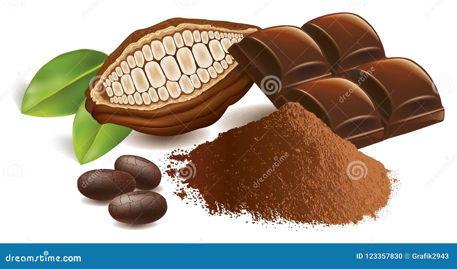 cacao beans with chocolate table and cacao powder