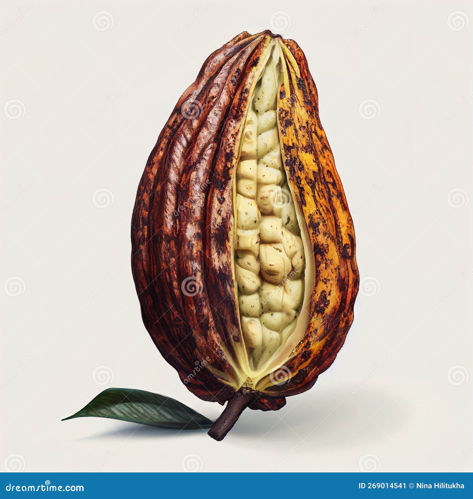 Cacao Fruit, Raw Cacao Beans and Cocoa Pod, White Background Stock Illustration Illustration