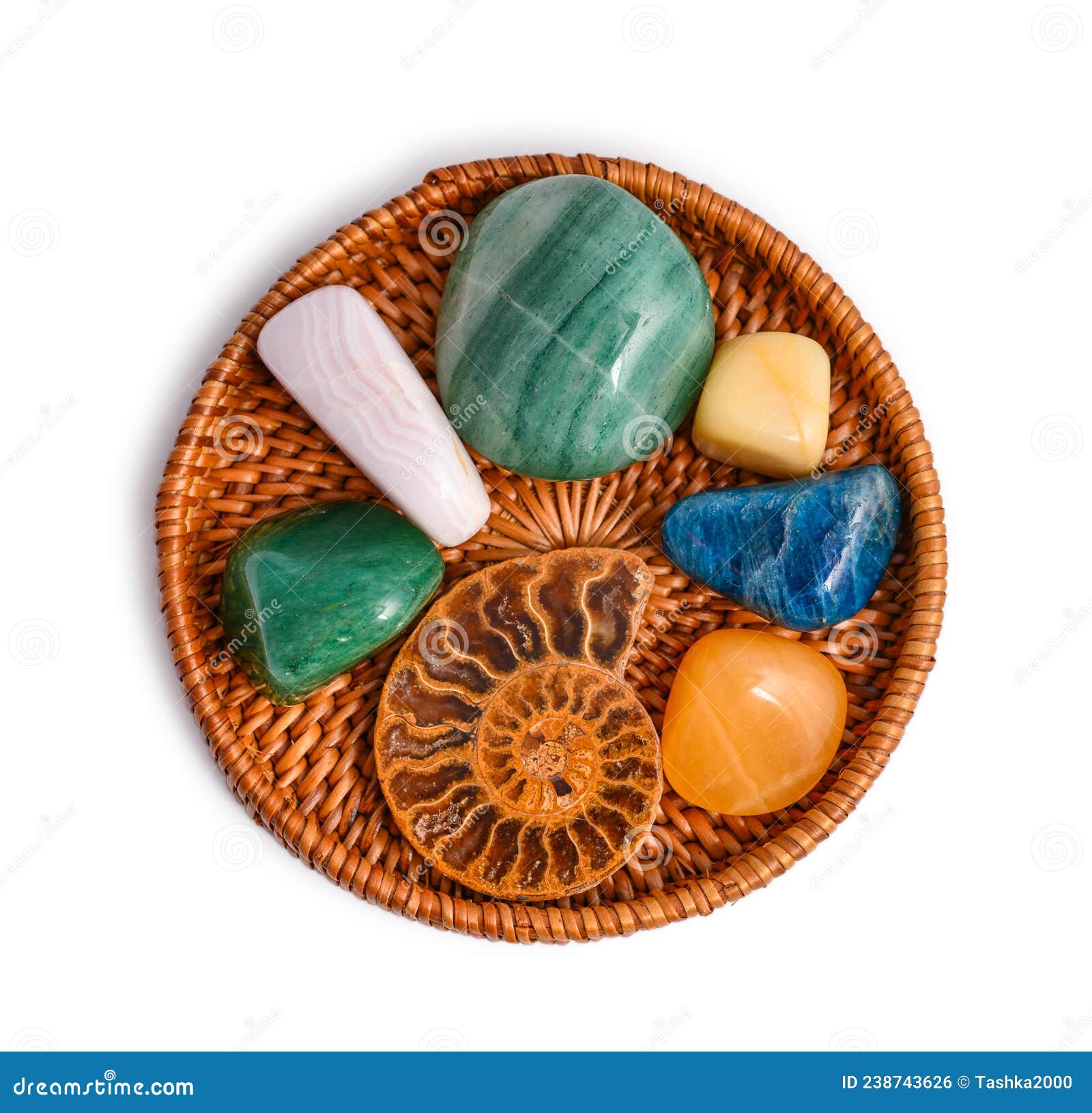 cacholong, chrysoprase, opal, rose calcite, aventurine, aragonite, ammonite, apatite and turquoise natural stone