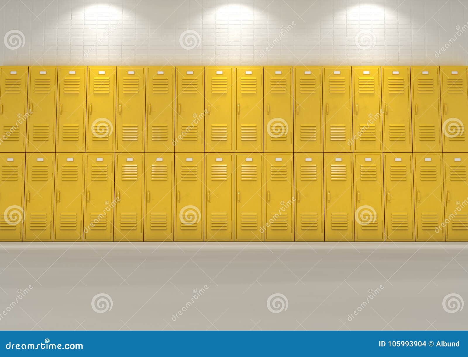 Cacifos amarelos da escola. Um olhar liso em uma pilha bem iluminado de cacifos amarelos em um corredor da escola - 3D rendem
