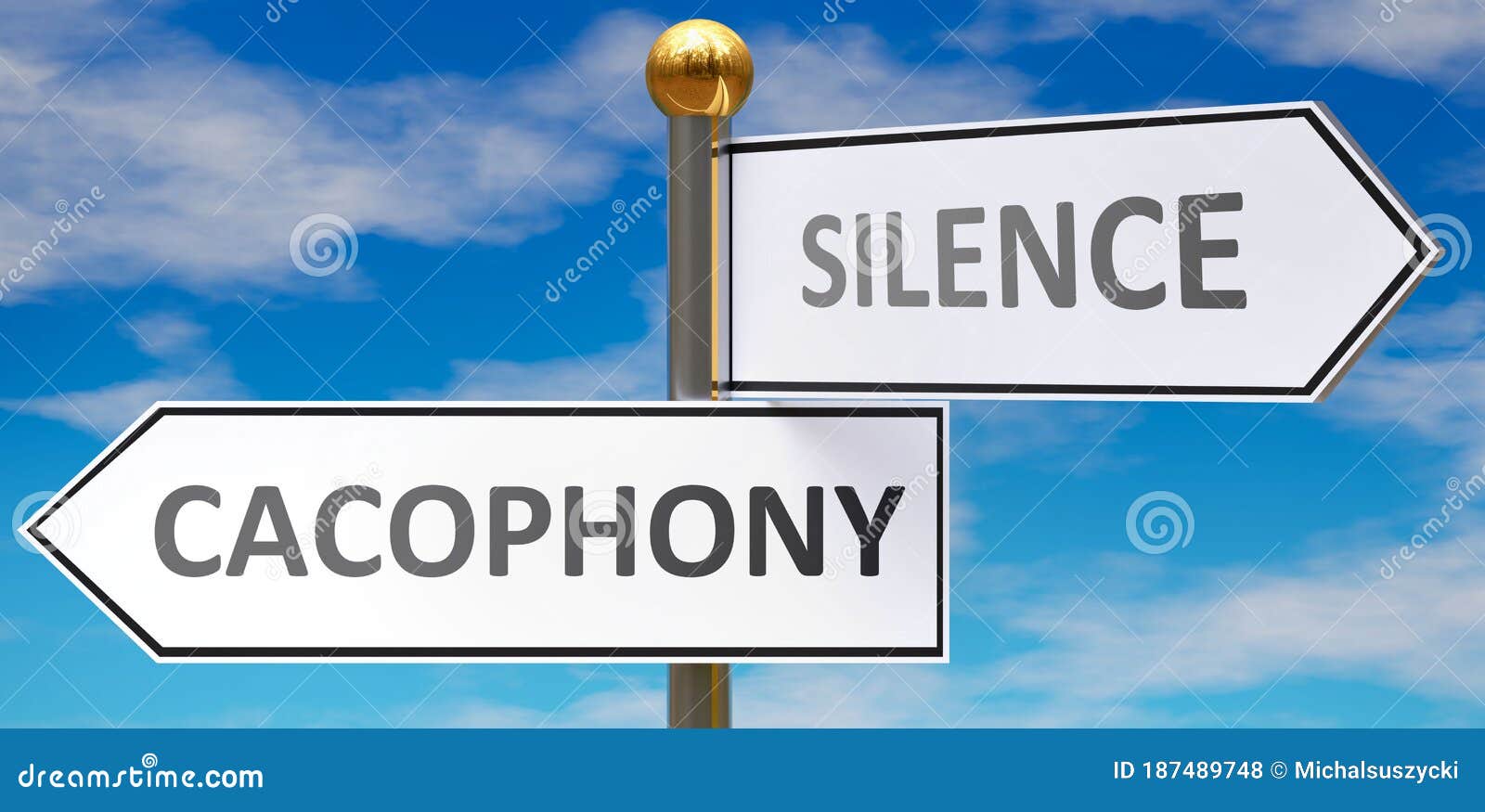 cacophony and silence as different choices in life - pictured as words cacophony, silence on road signs pointing at opposite ways