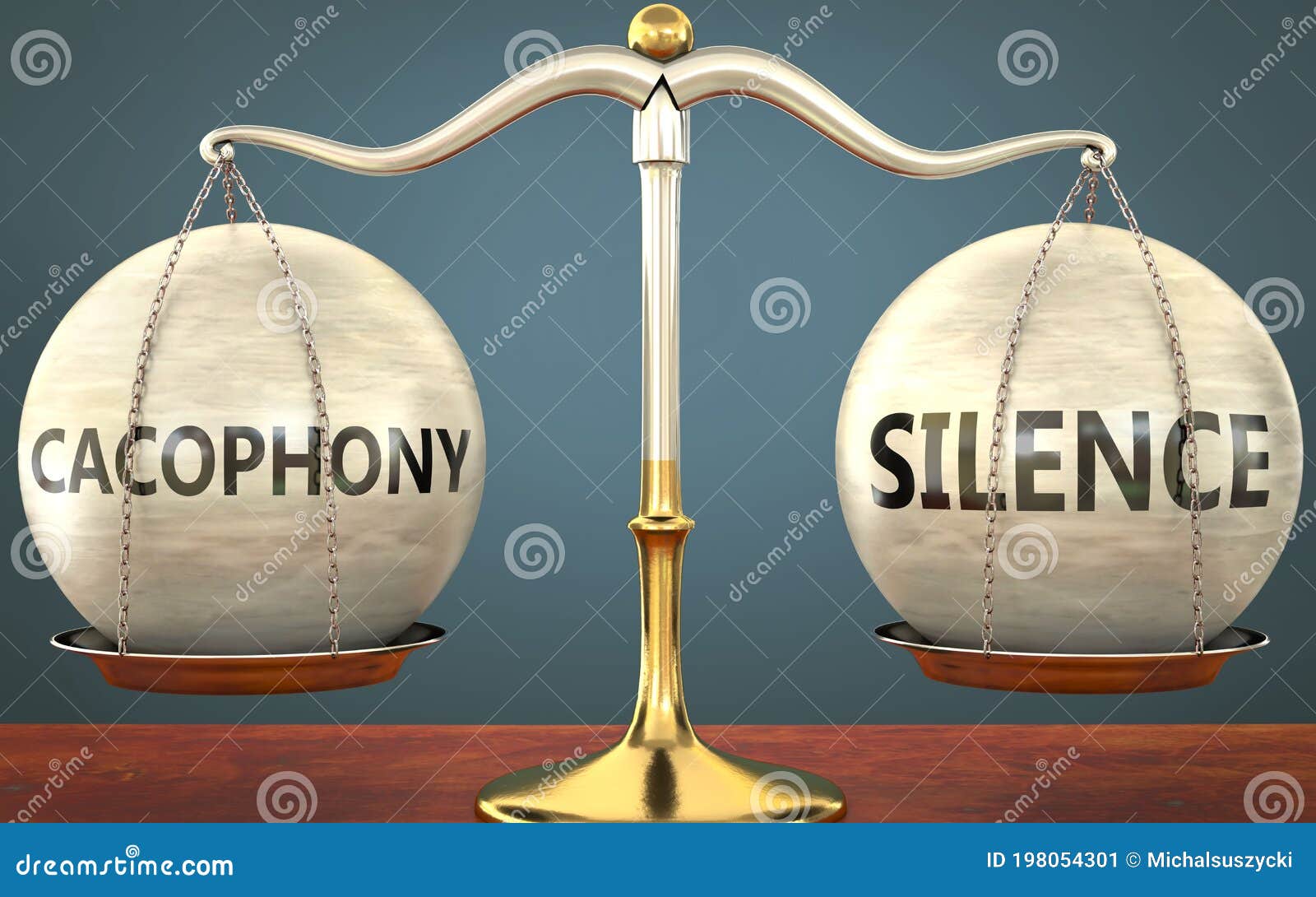 cacophony and silence staying in balance - pictured as a metal scale with weights and labels cacophony and silence to ize