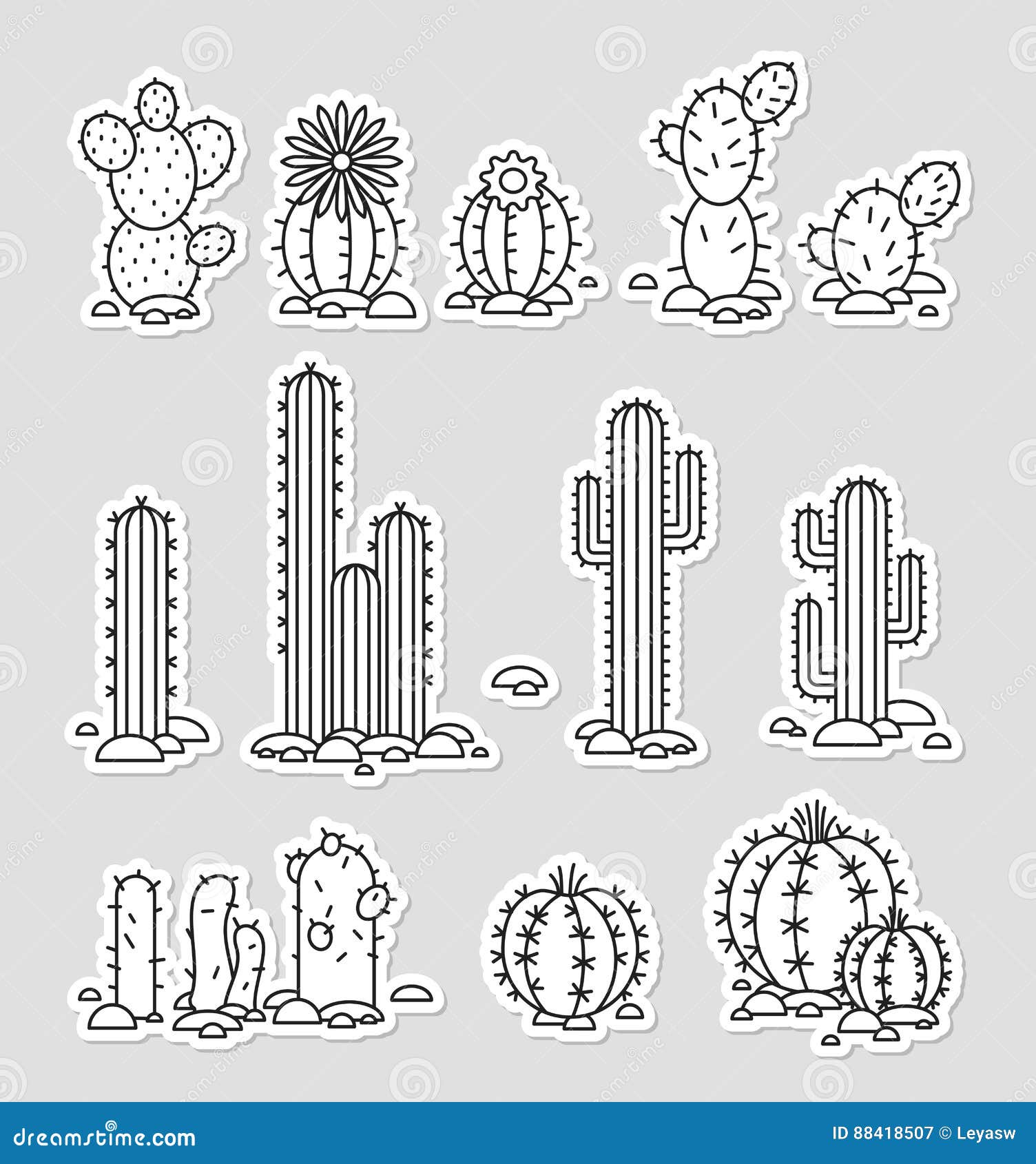 Cacti in the Desert. Vector Set of Black and White Stickers Stock
