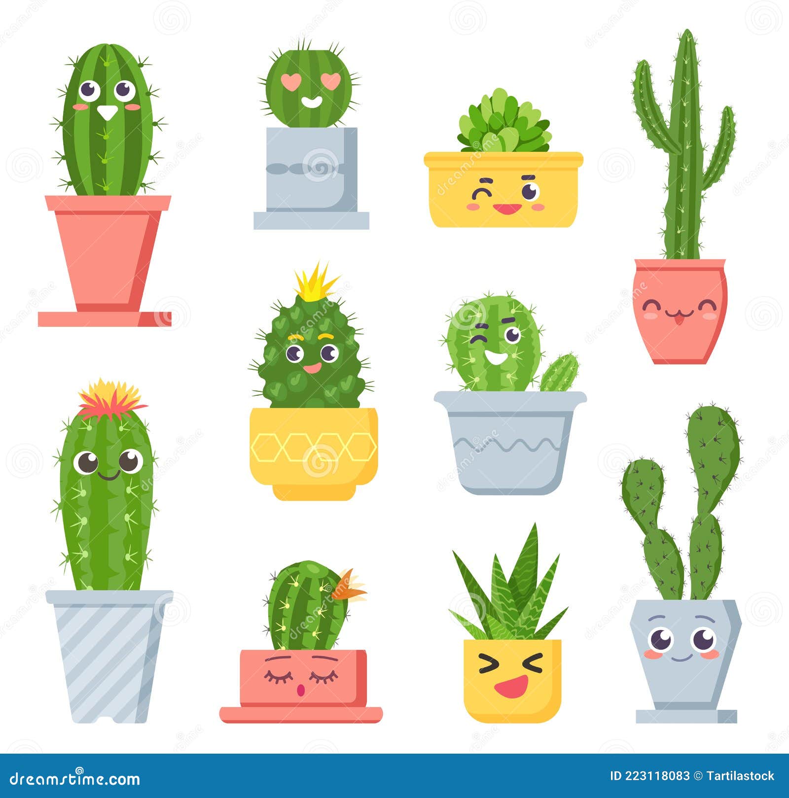 Cacto Fofo Com Rostos. Personagens De Plantas De Vaso Succulto De