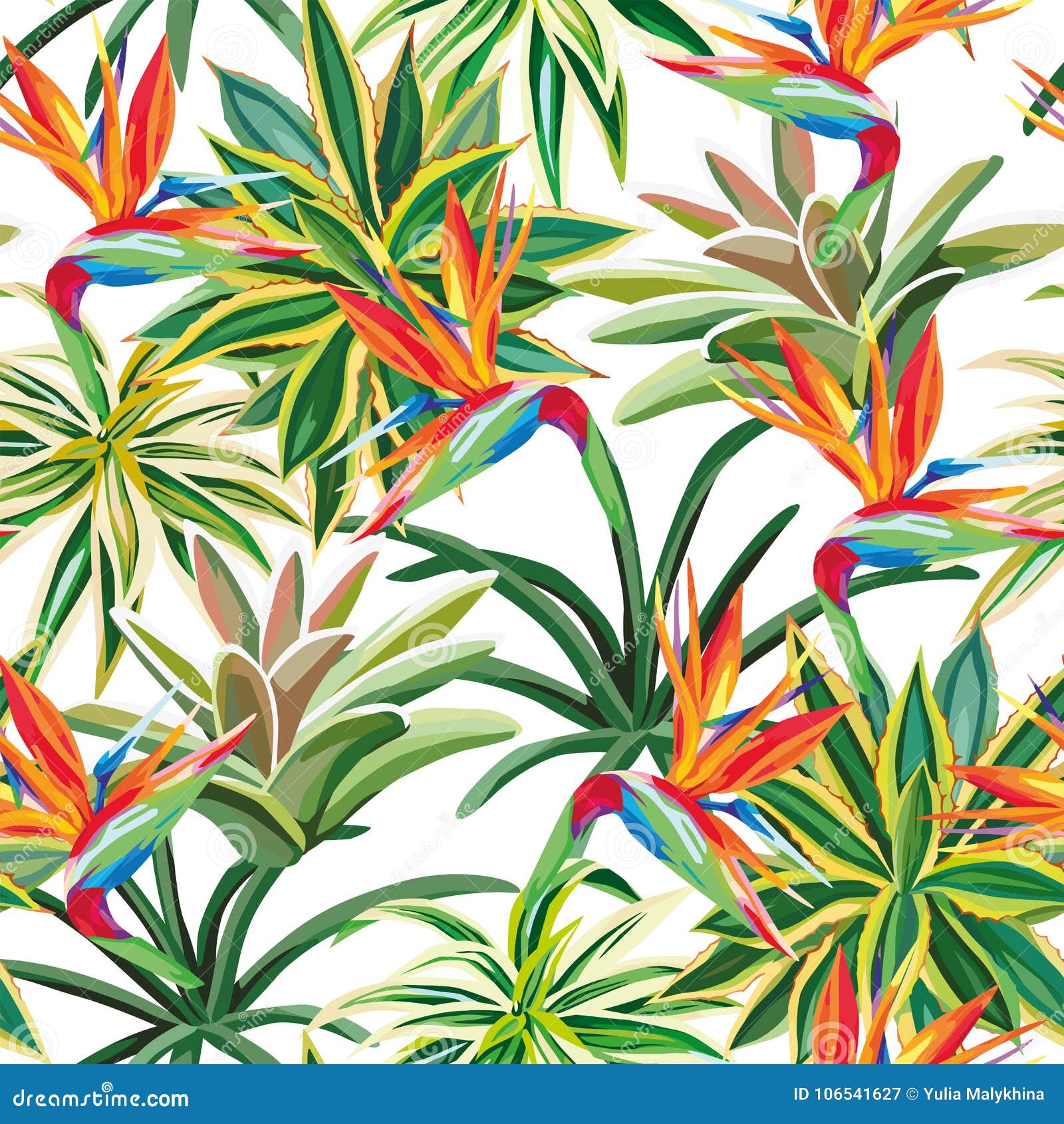 cactus bird of paradise flowers seamless pattern white background