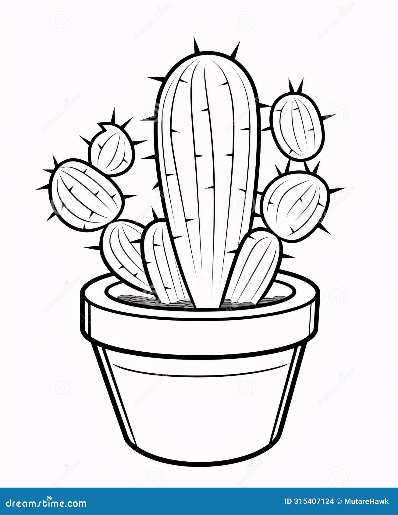 Cactus in a Pot. Black and White Vector Illustration for Coloring Book