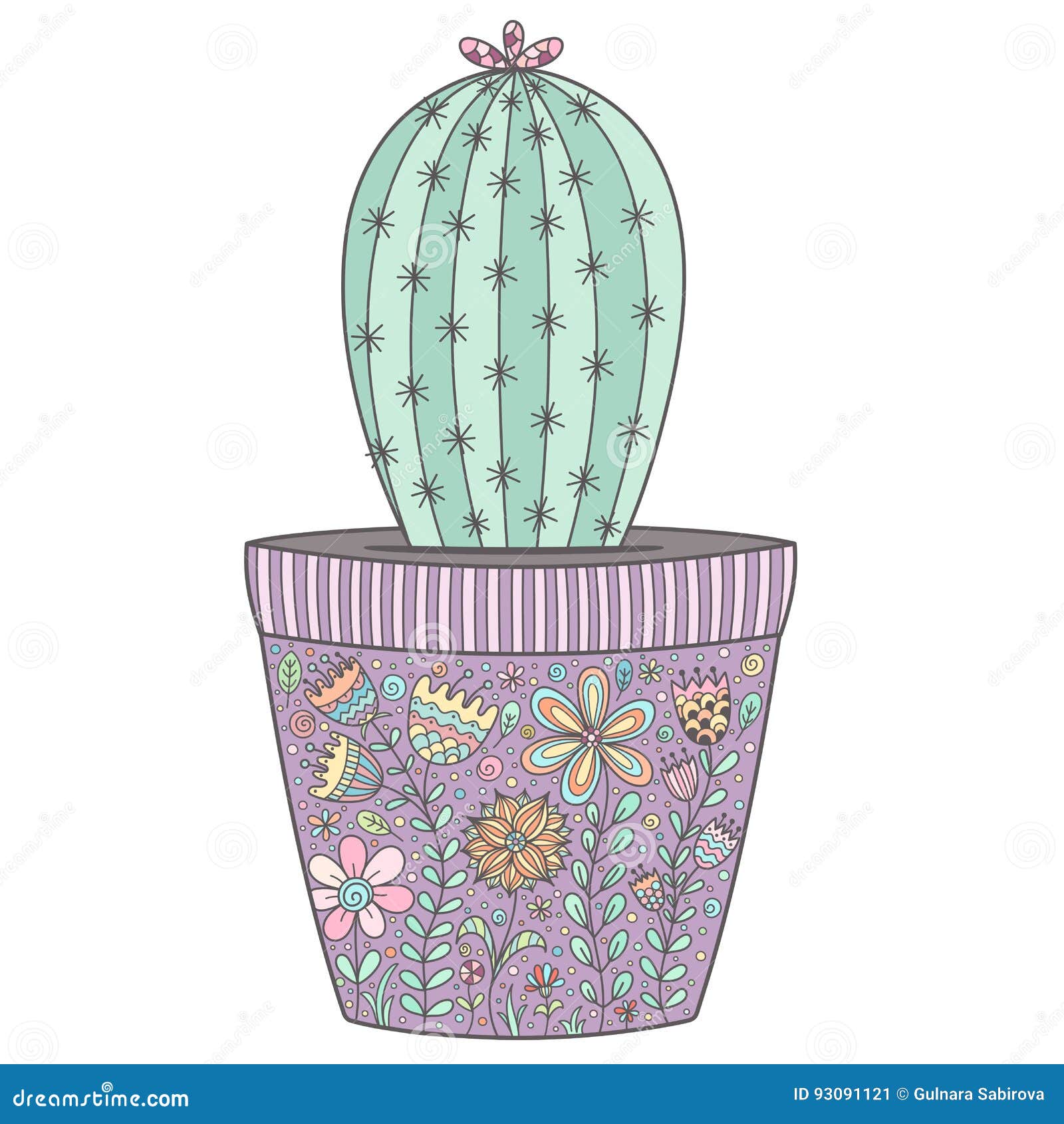 Cactus In The Pot With Floral Ornament Stock Vector Illustration Of Label Coloring