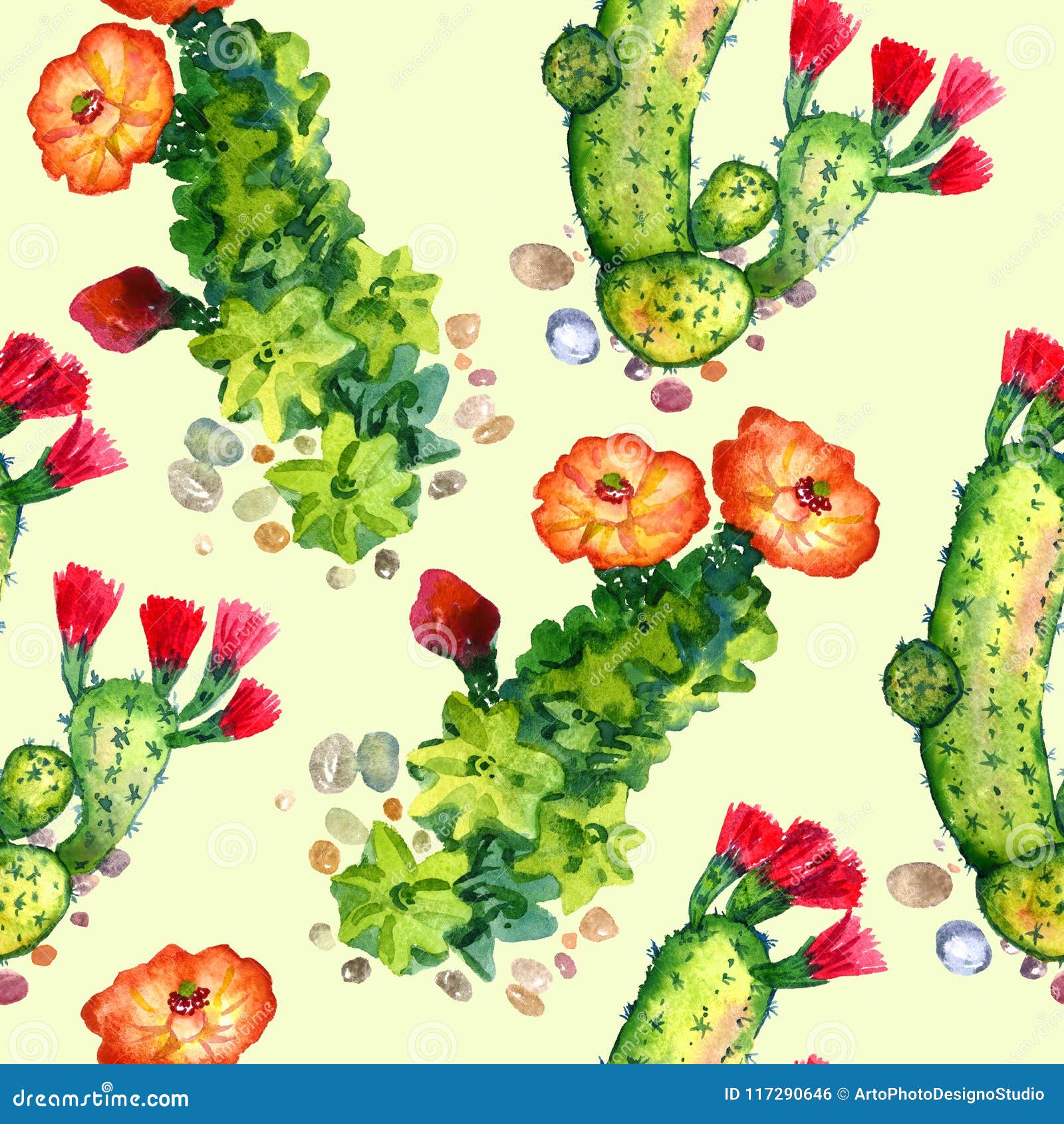 cactus with red flowers, seamless pattern , soft yellow background