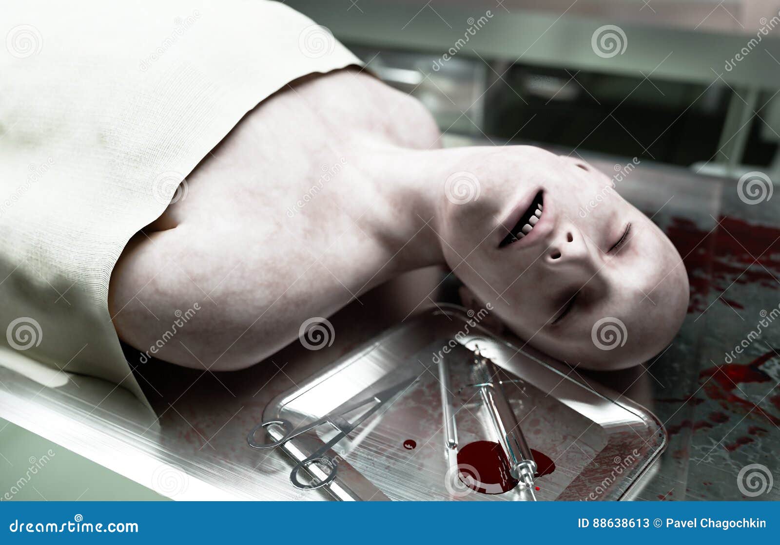 cadaver, dead male body in morgue on steel table. corpse. autopsy concept. 3d rendering.