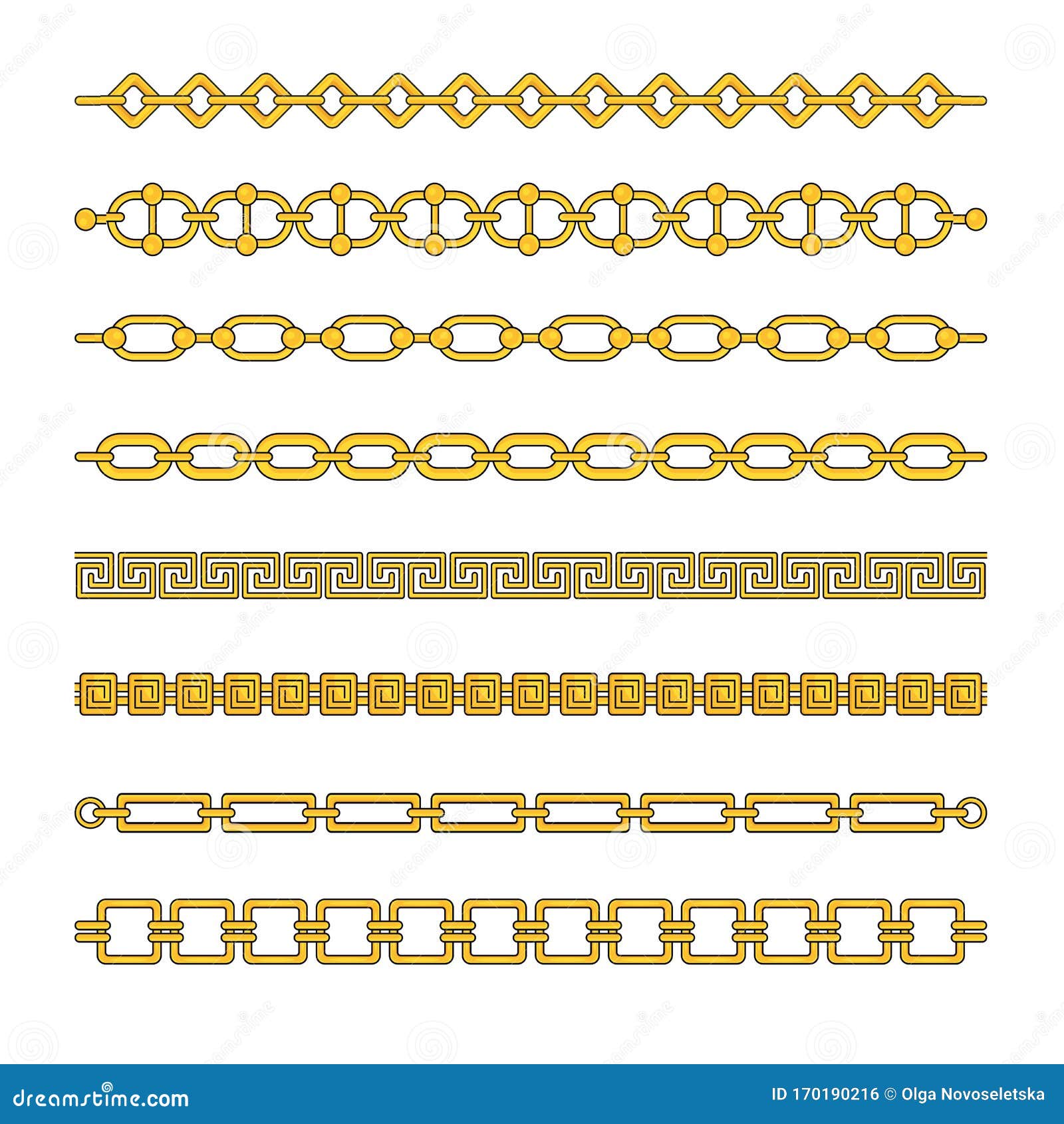 Conjunto de cadenas de oro de diferentes formas, tejidos, tamaños.  ilustración vectorial